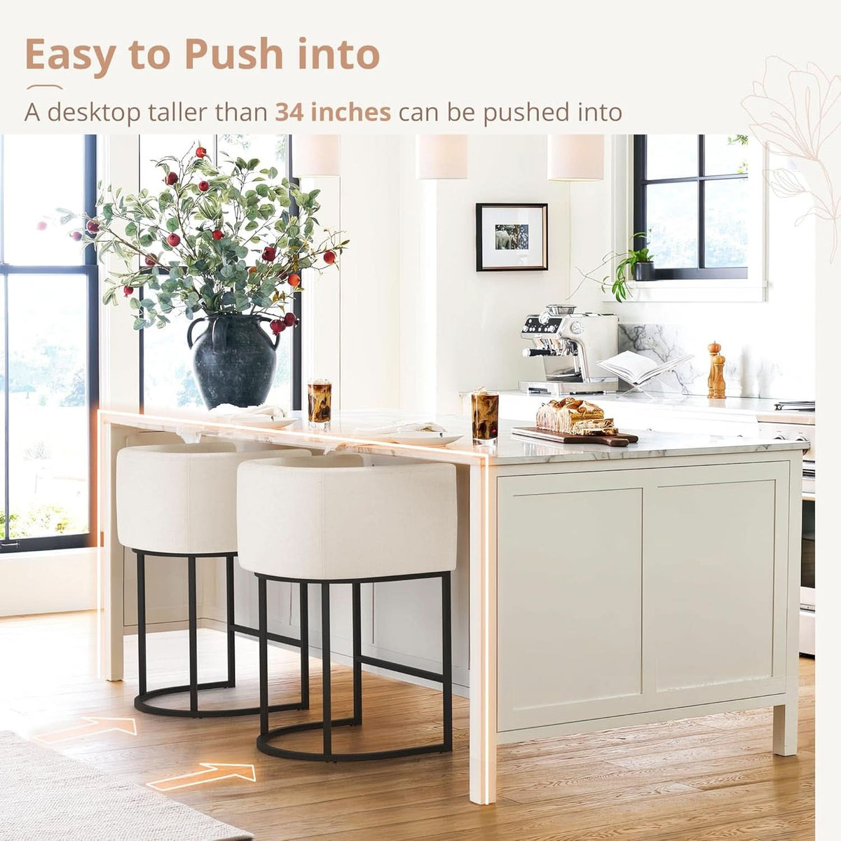 27 Inch Counter Height Bar Stools Set Of 2 With Backrest And Armrests Beige Linen Upholstery Black Metal Frames