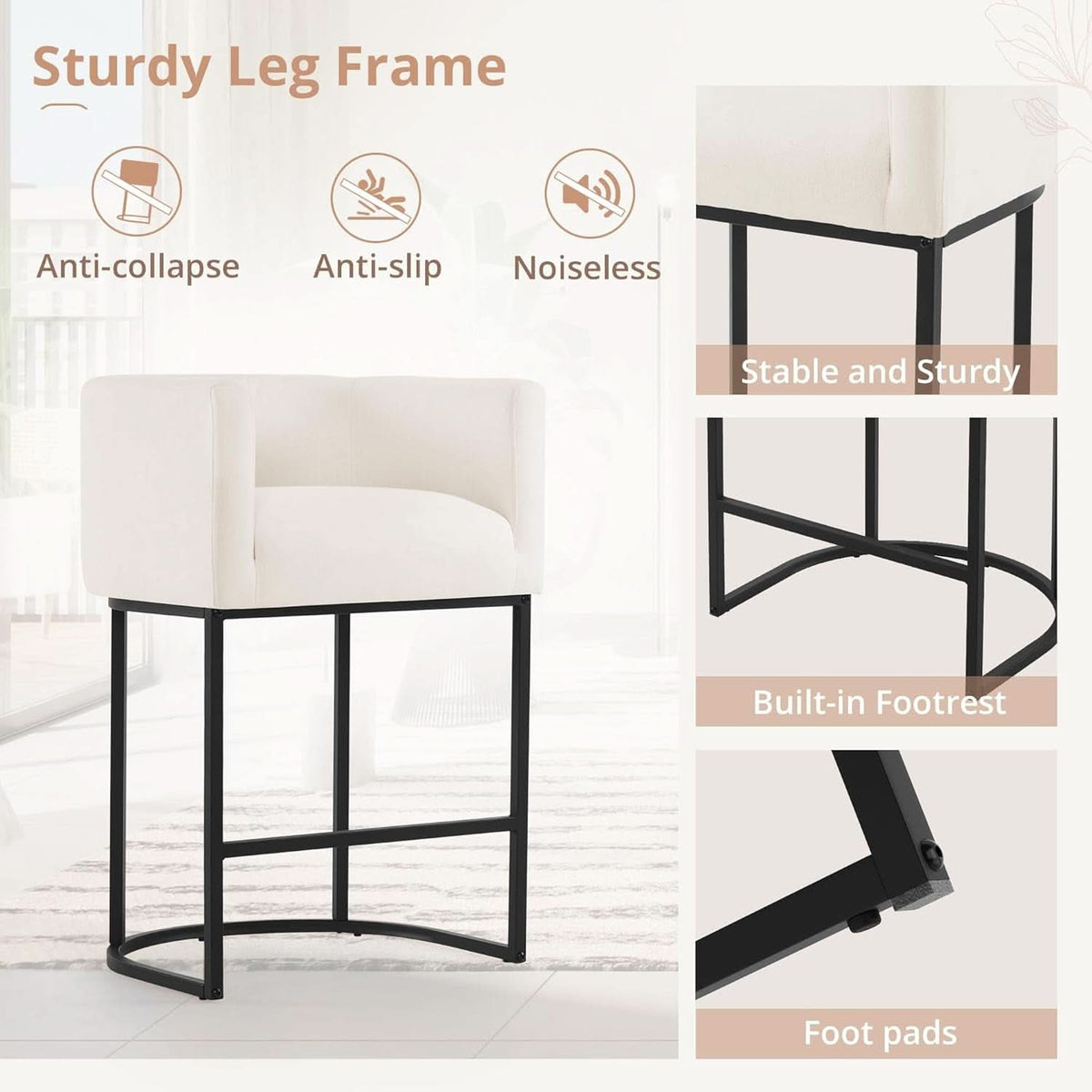 27 Inch Counter Height Bar Stools Set Of 2 With Backrest And Armrests Beige Linen Upholstery Black Metal Frames