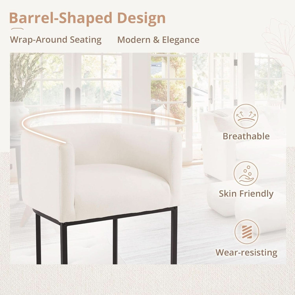 27 Inch Counter Height Bar Stools Set Of 4 With Backrest And Armrests Beige Linen Upholstery Black Metal Frame