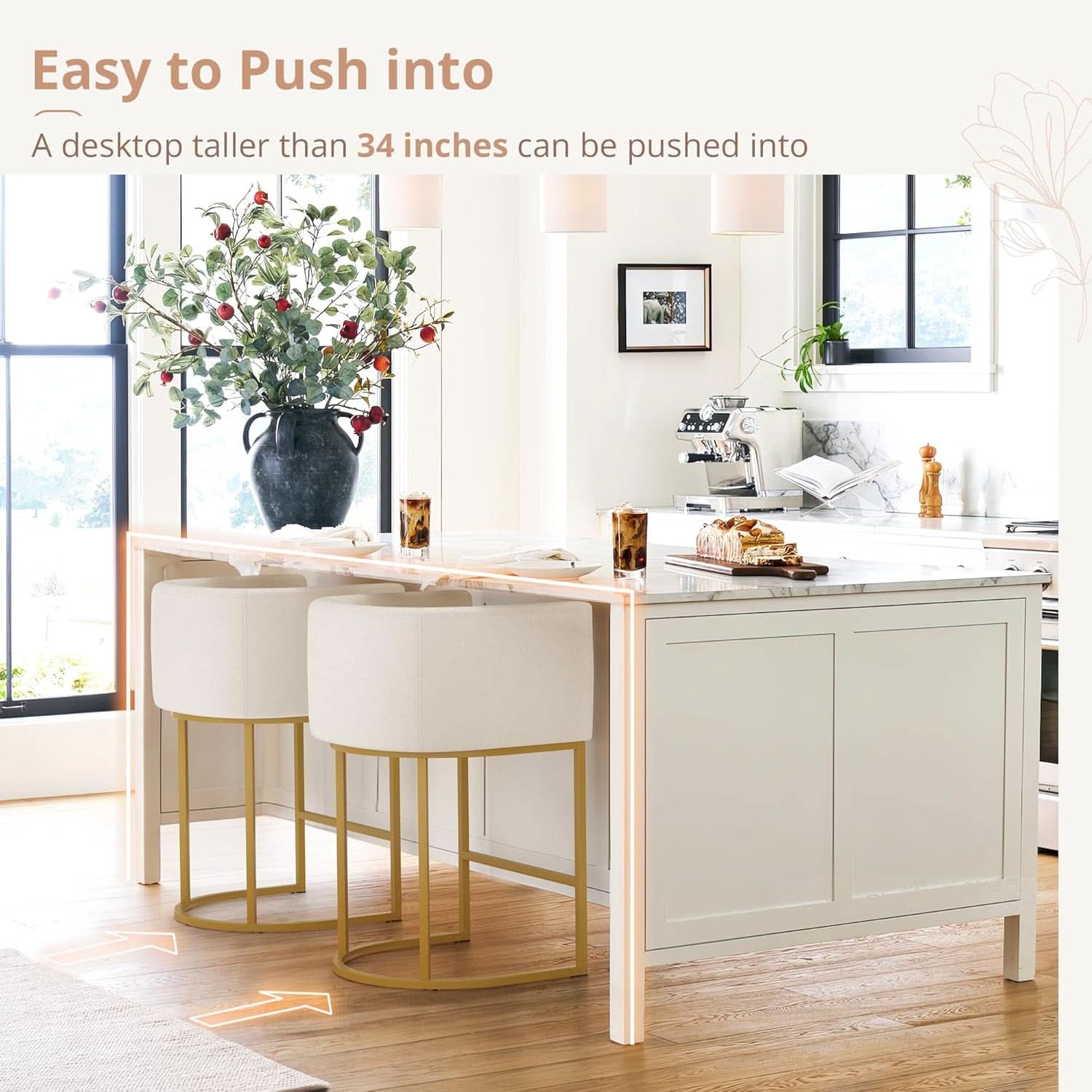 27 Inch Counter Height Bar Stools With Backrest And Arms Gold Metal Frames Beige Linen Upholstery