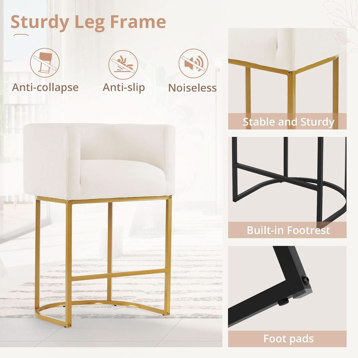 27 Inch Counter Height Bar Stools With Backrest And Arms Gold Metal Frames Beige Linen Upholstery