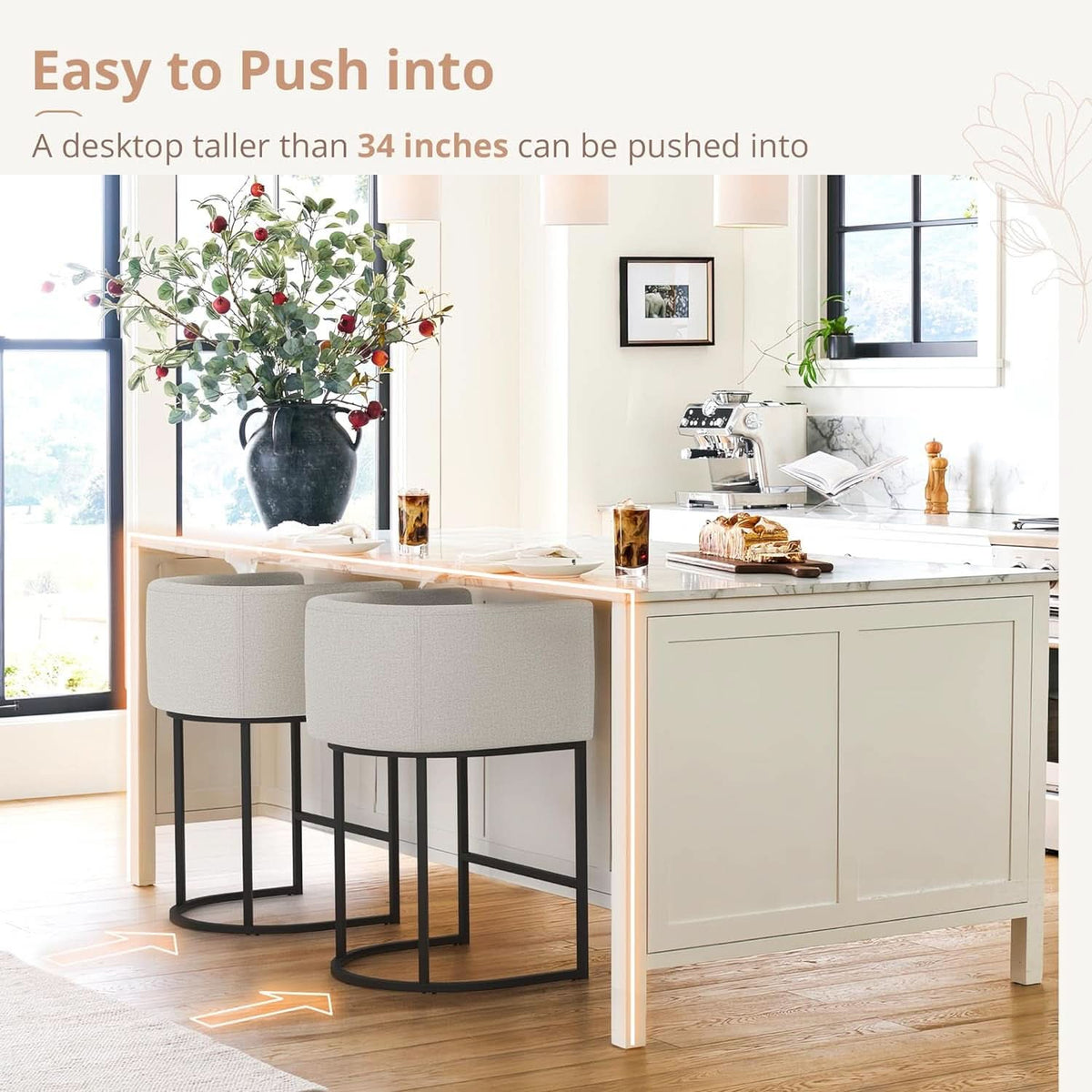 27 Inch Counter Height Barrel Bar Stools With Backrest In Light Gray Linen Upholstery