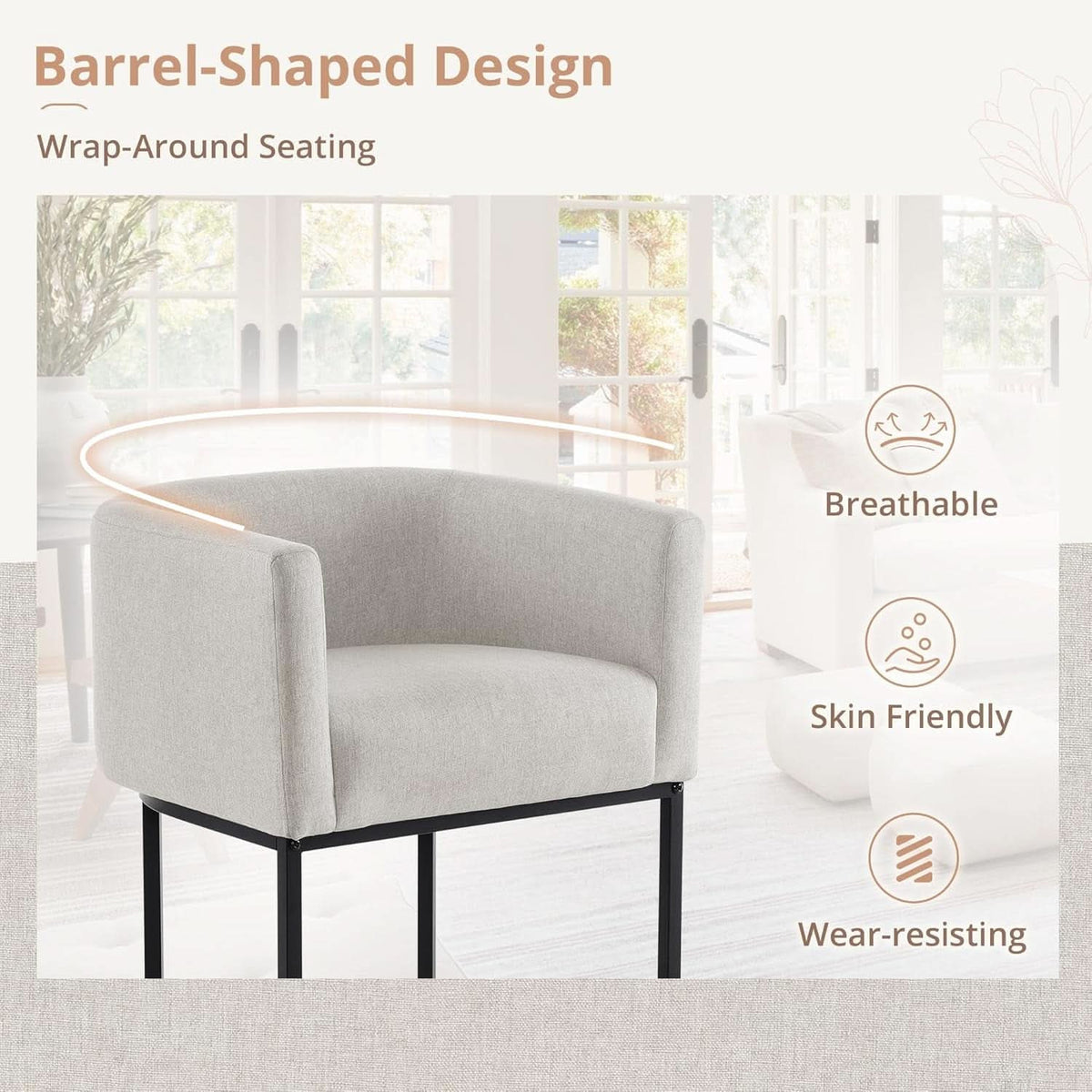 27 Inch Counter Height Barrel Bar Stools With Backrest In Light Gray Linen Upholstery