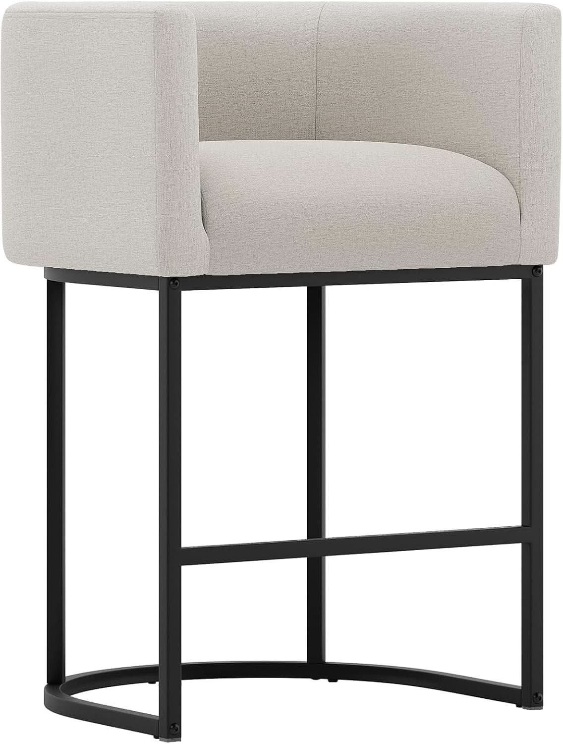 27 Inch Counter Height Barrel Bar Stools With Backrest In Light Gray Linen Upholstery