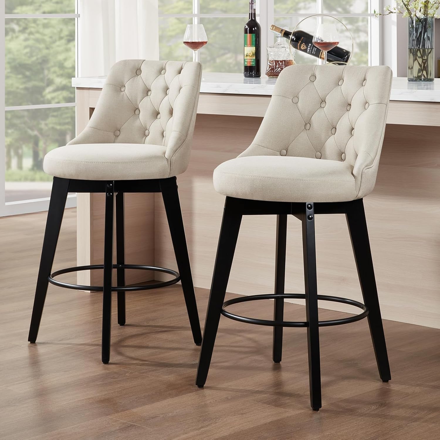 27 Inch Linen Upholstered Swivel Bar Stools Set of 2
