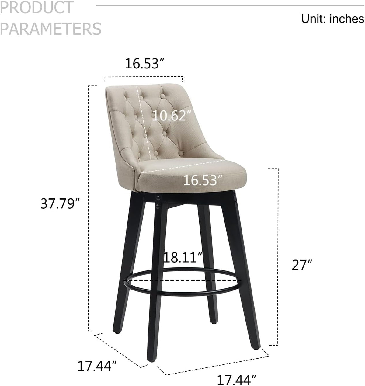 27 Inch Linen Upholstered Swivel Bar Stools Set of 2
