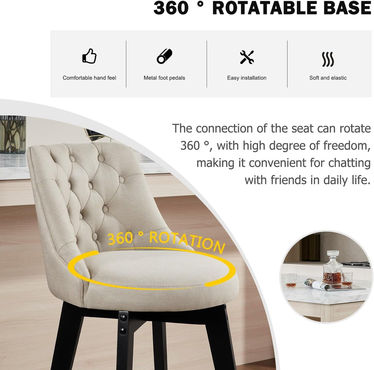 27 Inch Linen Upholstered Swivel Bar Stools Set of 2