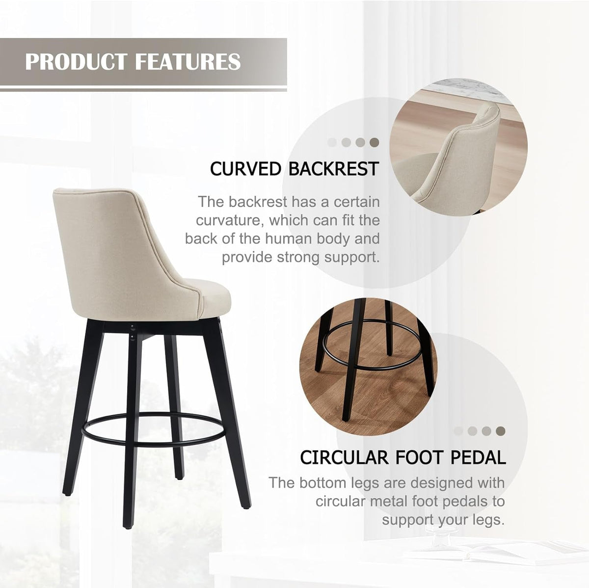 27 Inch Linen Upholstered Swivel Bar Stools Set of 2
