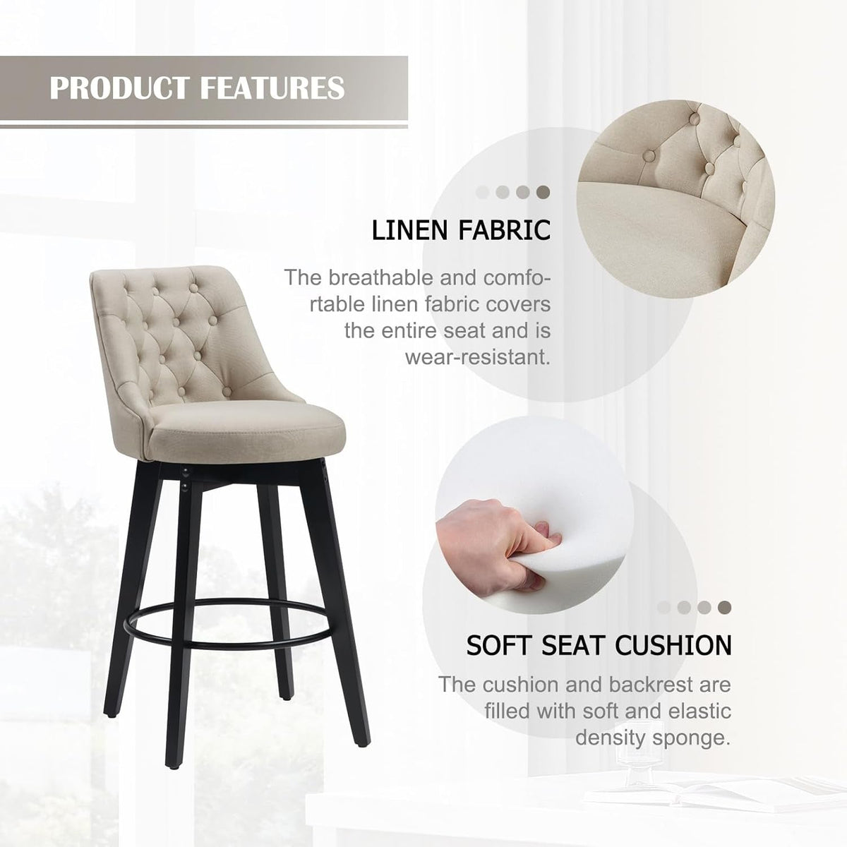 27 Inch Linen Upholstered Swivel Bar Stools Set of 2
