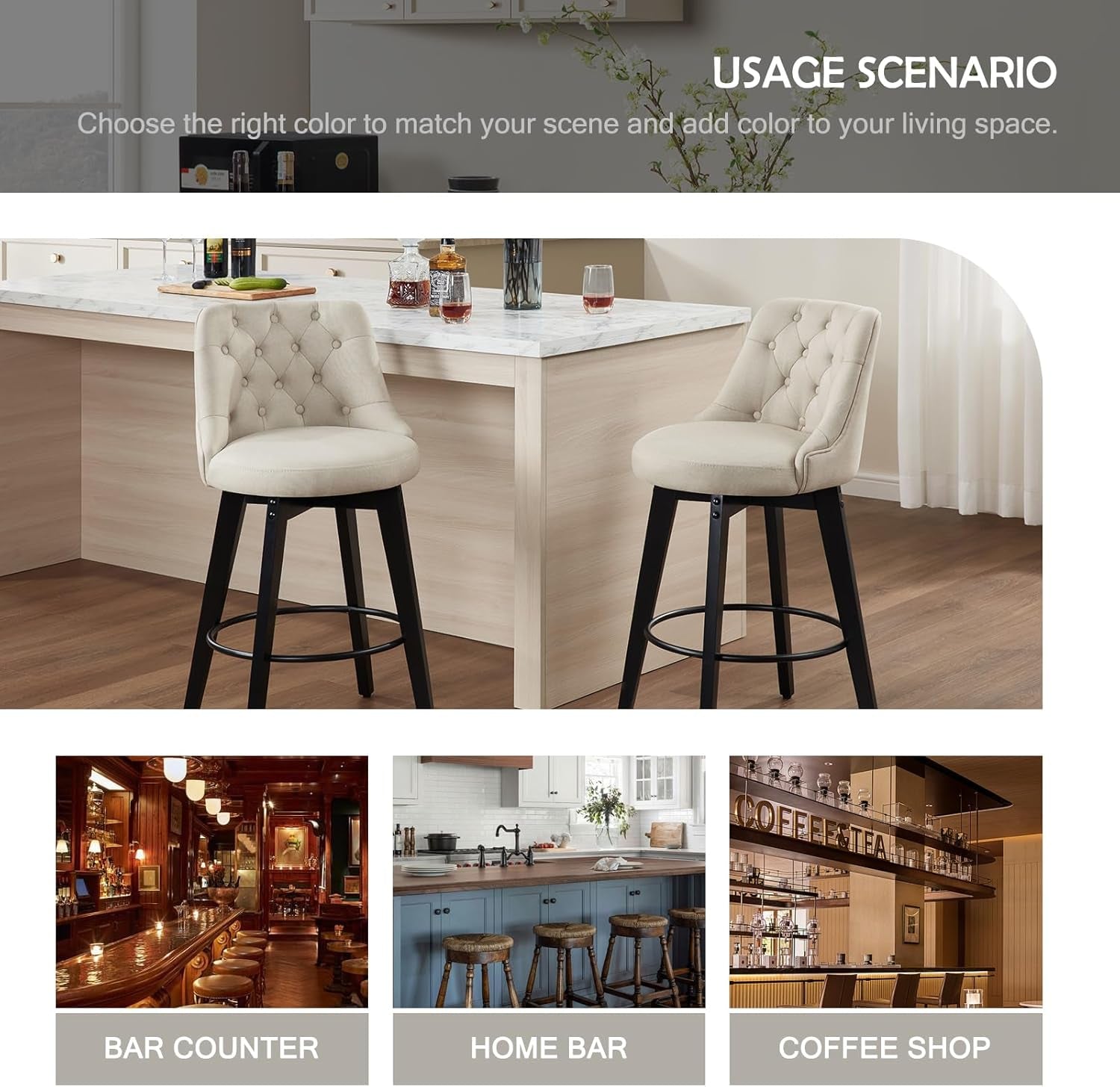 27 Inch Linen Upholstered Swivel Bar Stools Set of 2