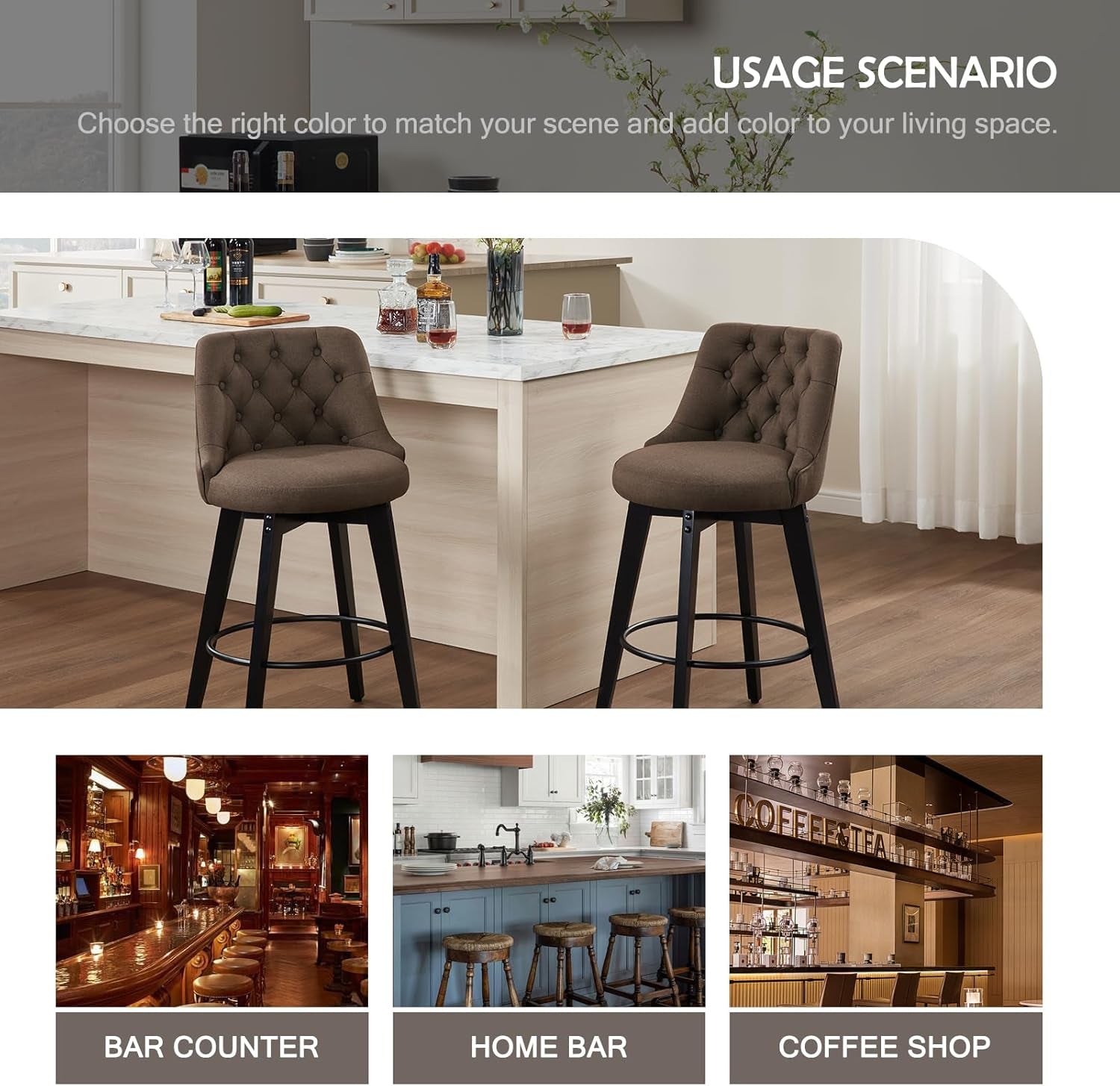 27 Inch Swivel Bar Stools With Back Sepia Linen Upholstery Set Of 2