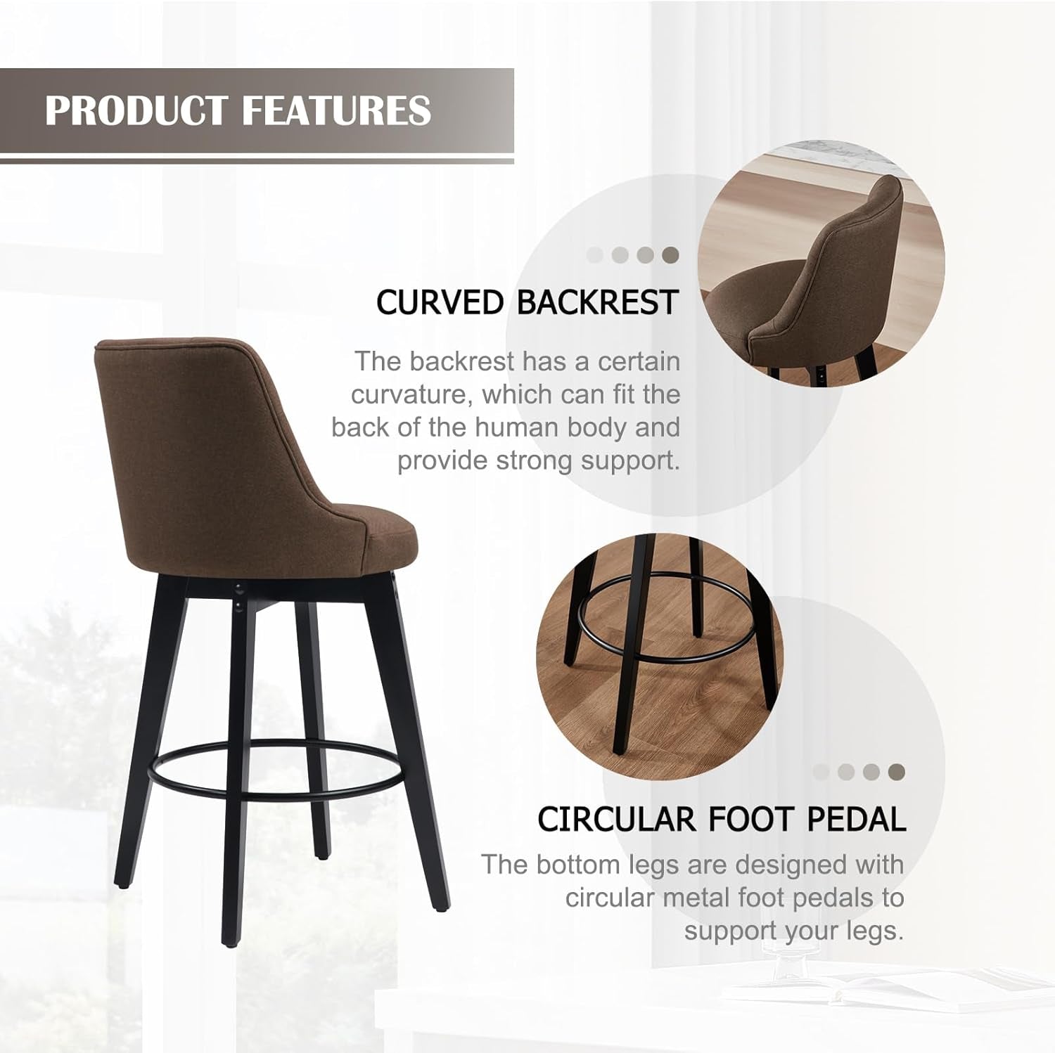 27 Inch Swivel Bar Stools With Back Sepia Linen Upholstery Set Of 2