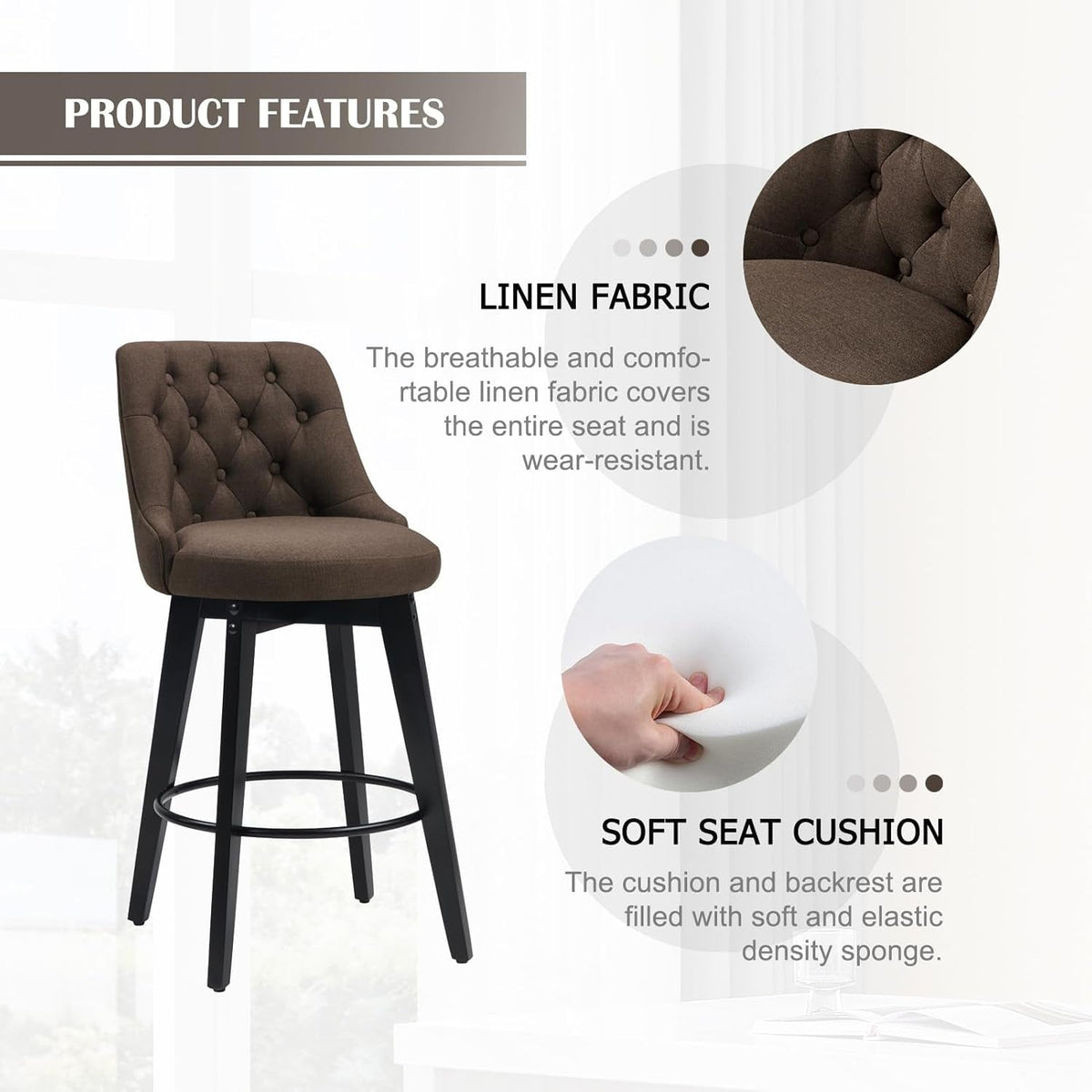 27 Inch Swivel Bar Stools With Back Sepia Linen Upholstery Set Of 2