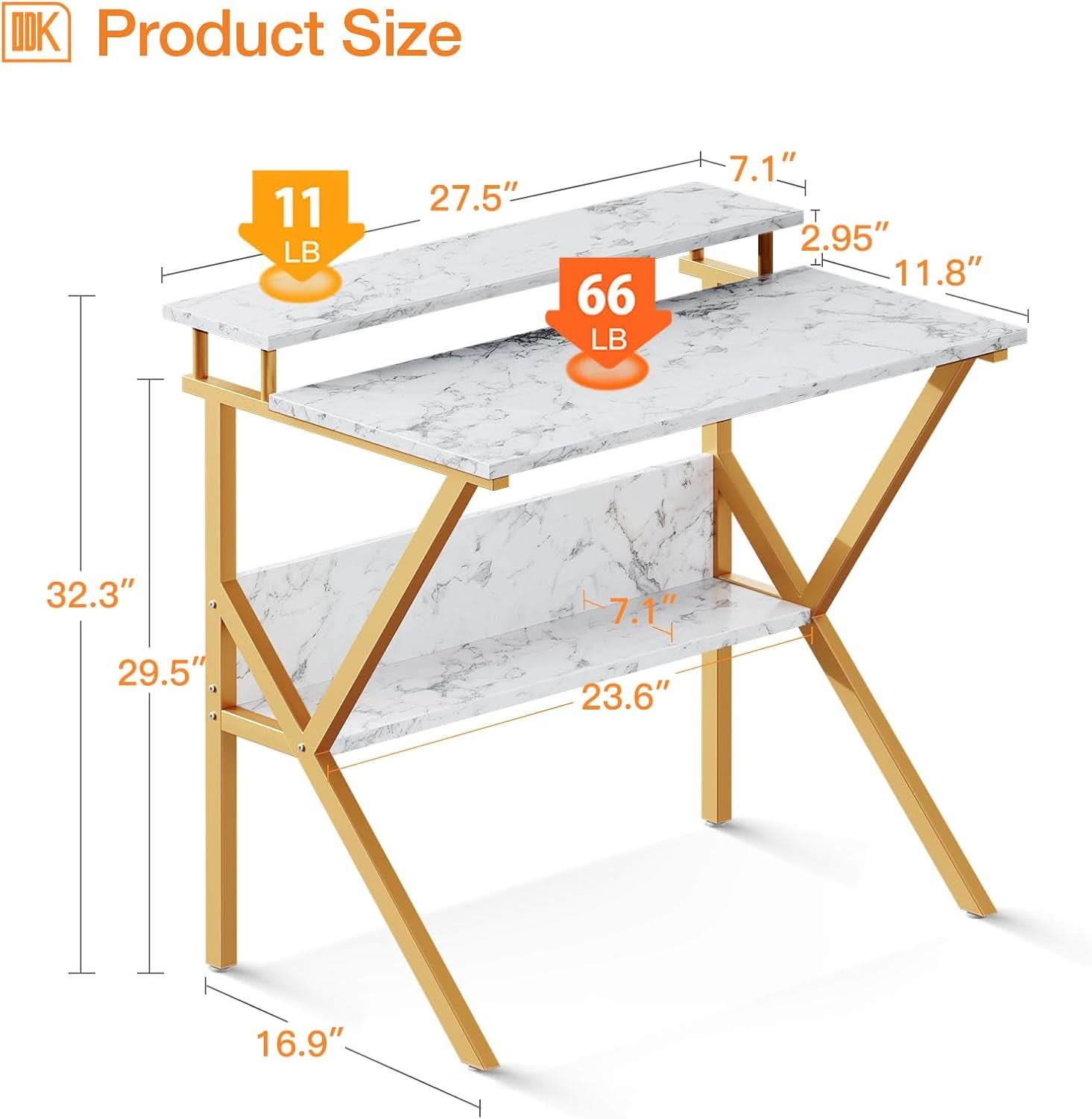 27.5 Inch Computer Desk With Monitor Stand And Storage White Marble Gold Leg