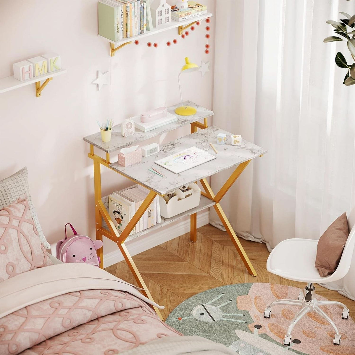 27.5 Inch Computer Desk With Monitor Stand And Storage White Marble Gold Leg