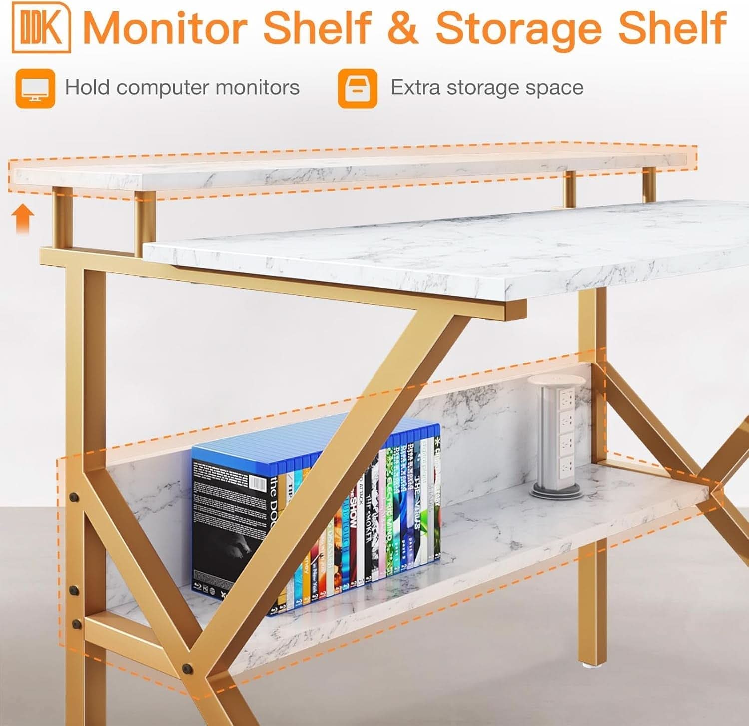 27.5 Inch Computer Desk With Monitor Stand And Storage White Marble Gold Leg