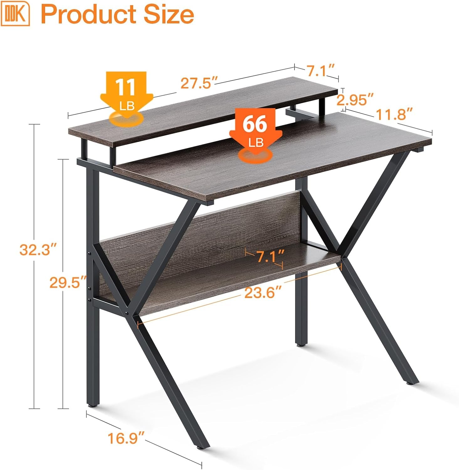 27.5 Inch Desk With Storage And Monitor Stand Grey