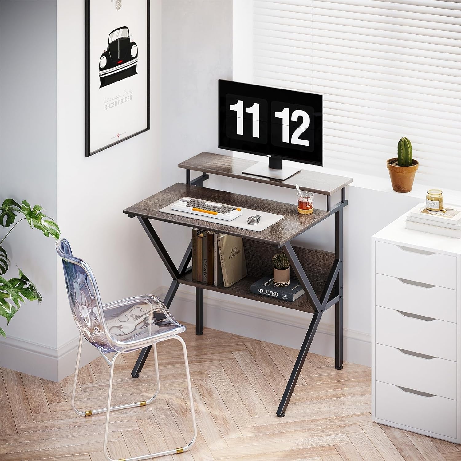 27.5 Inch Desk With Storage And Monitor Stand Grey