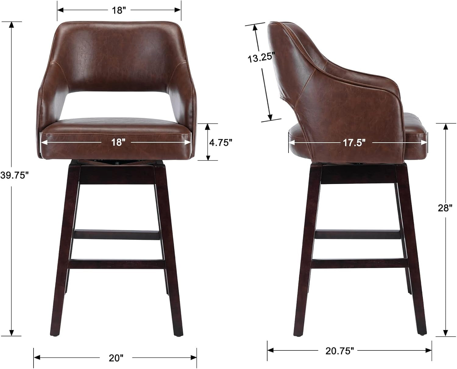 28 Inch PU Leather Swivel Counter Height Bar Stool With Wood Legs Open Back Brown Footrest