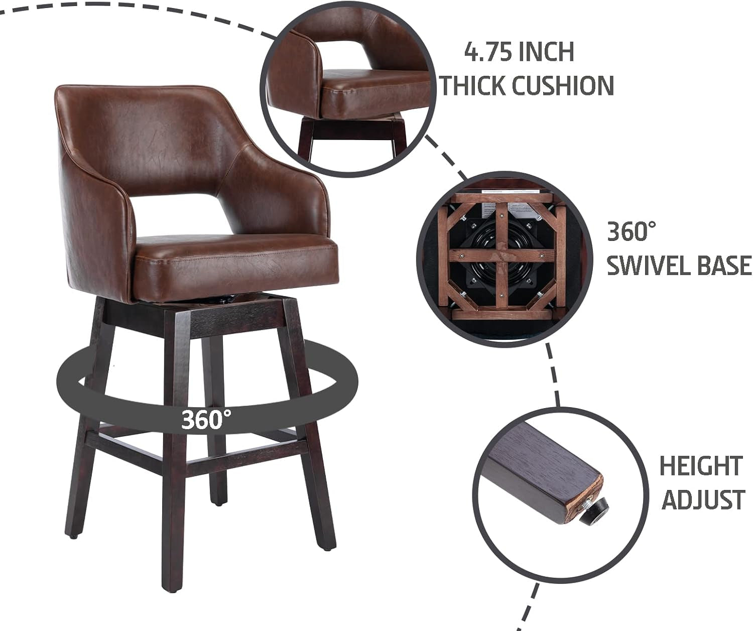 28 Inch PU Leather Swivel Counter Height Bar Stool With Wood Legs Open Back Brown Footrest