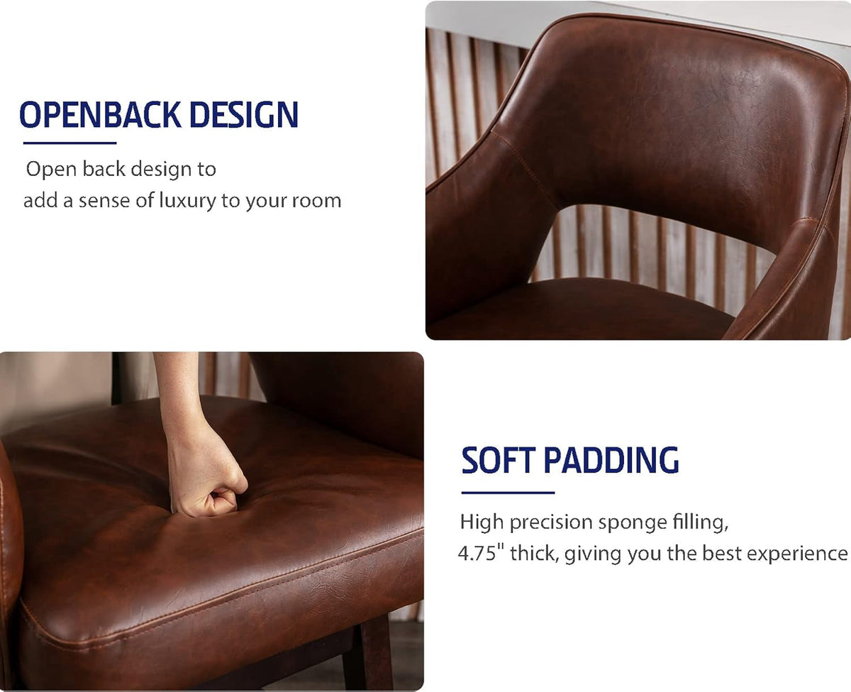 28 Inch PU Leather Swivel Counter Height Bar Stool With Wood Legs Open Back Brown Footrest