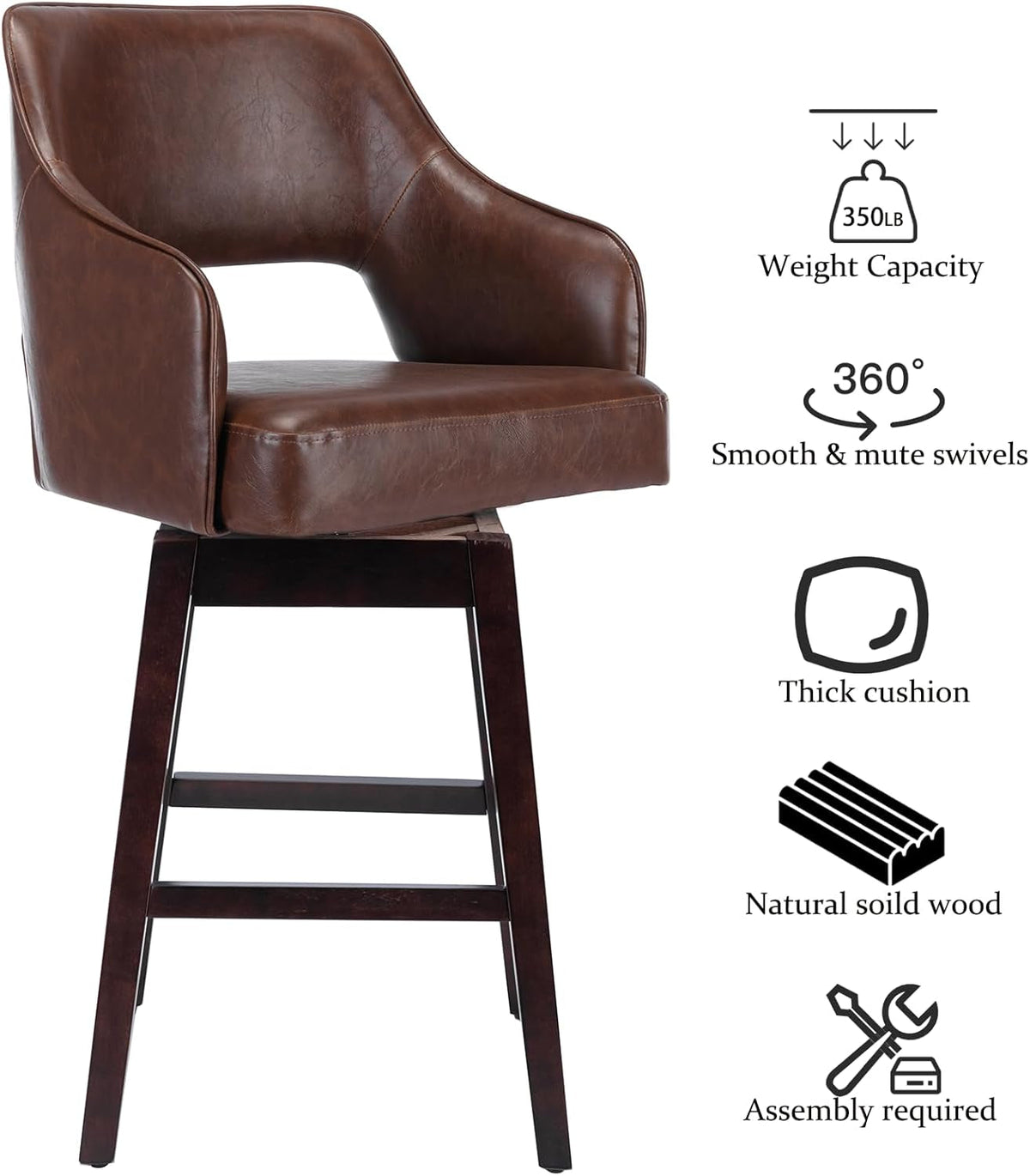 28 Inch PU Leather Swivel Counter Height Bar Stool With Wood Legs Open Back Brown Footrest