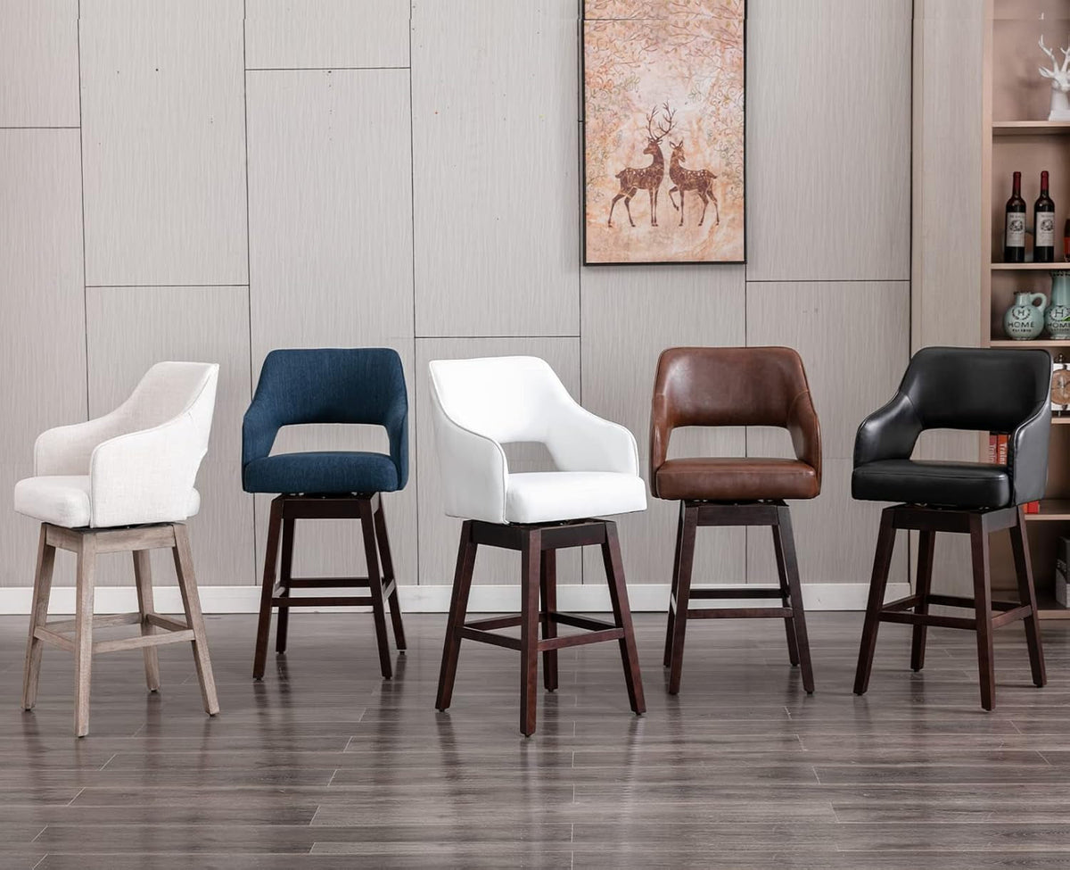 28 Inch PU Leather Swivel Counter Height Bar Stool With Wood Legs Open Back Brown Footrest