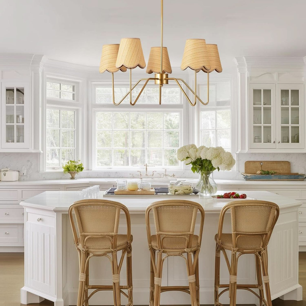 28 Inch Rattan Chandelier Antique Brass Five Light Pendant With Flower Shade Lamps