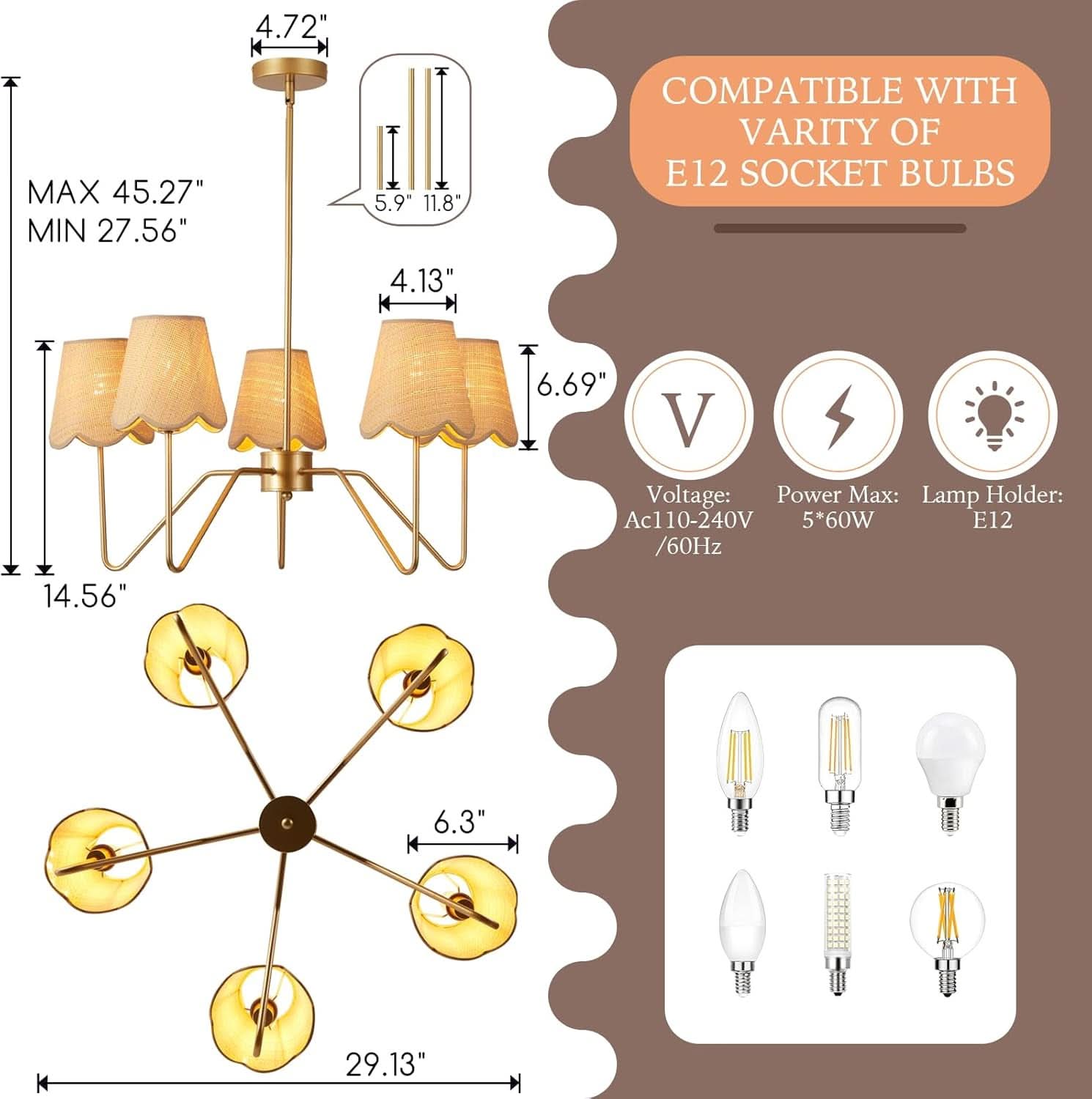 28 Inch Rattan Chandelier Antique Brass Five Light Pendant With Flower Shade Lamps