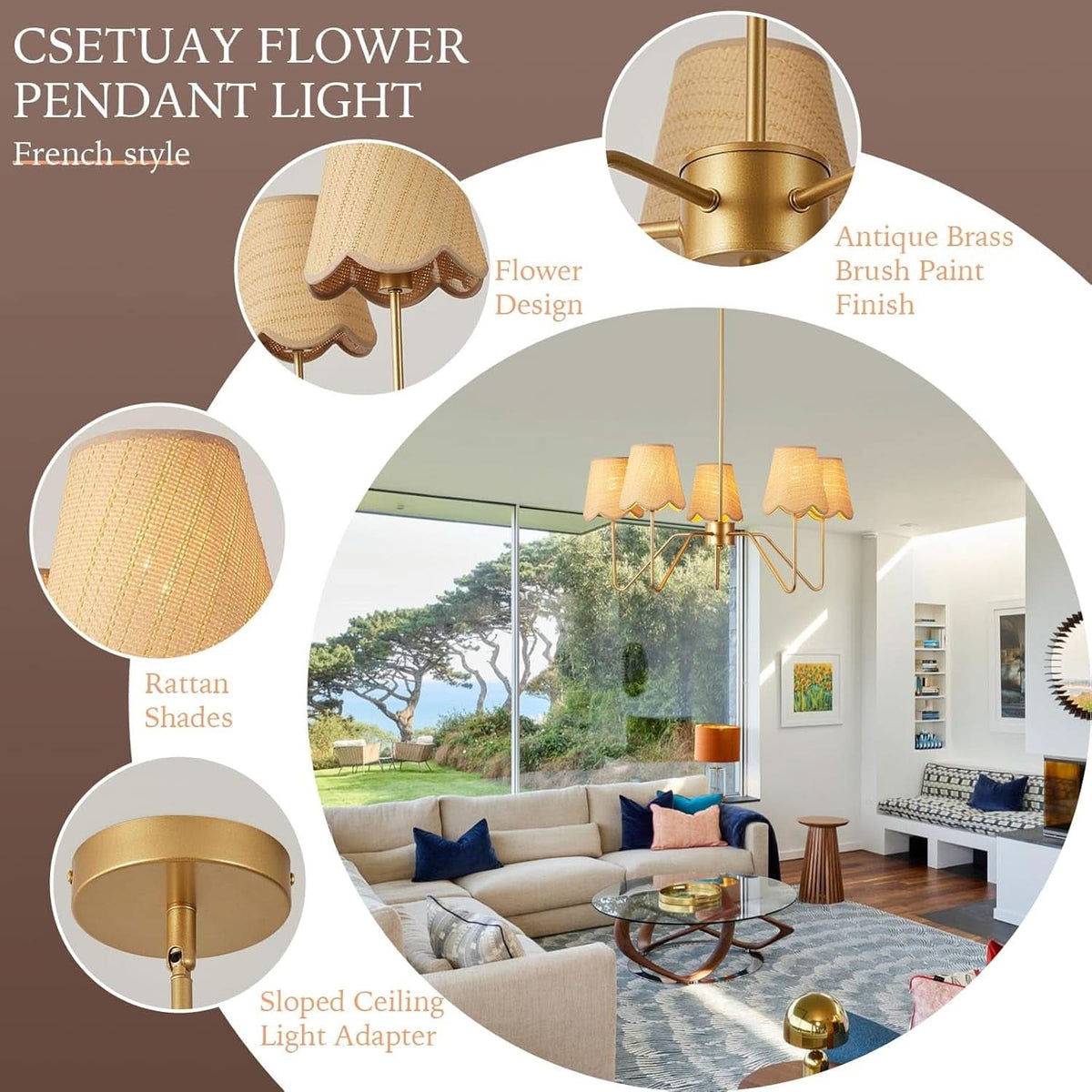 28 Inch Rattan Chandelier Antique Brass Five Light Pendant With Flower Shade Lamps
