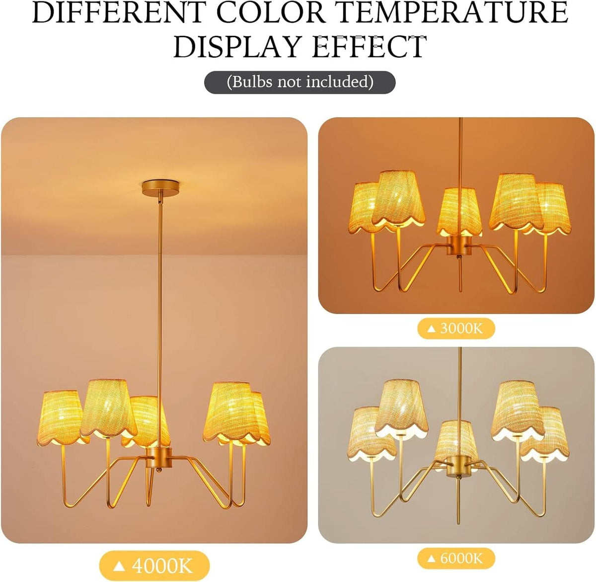 28 Inch Rattan Chandelier Antique Brass Five Light Pendant With Flower Shade Lamps