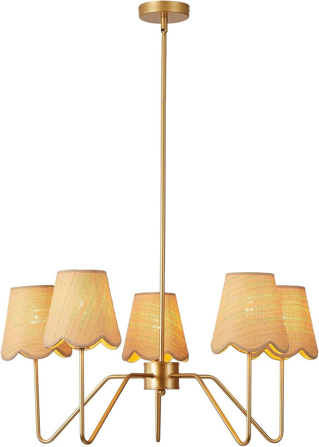 28 Inch Rattan Chandelier Antique Brass Five Light Pendant With Flower Shade Lamps