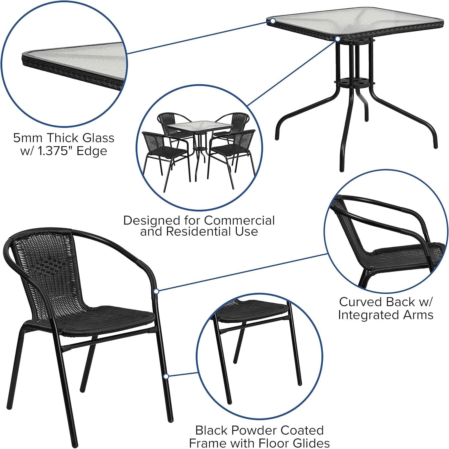 28 Inch Square Patio Table And Rattan Chairs Set Black