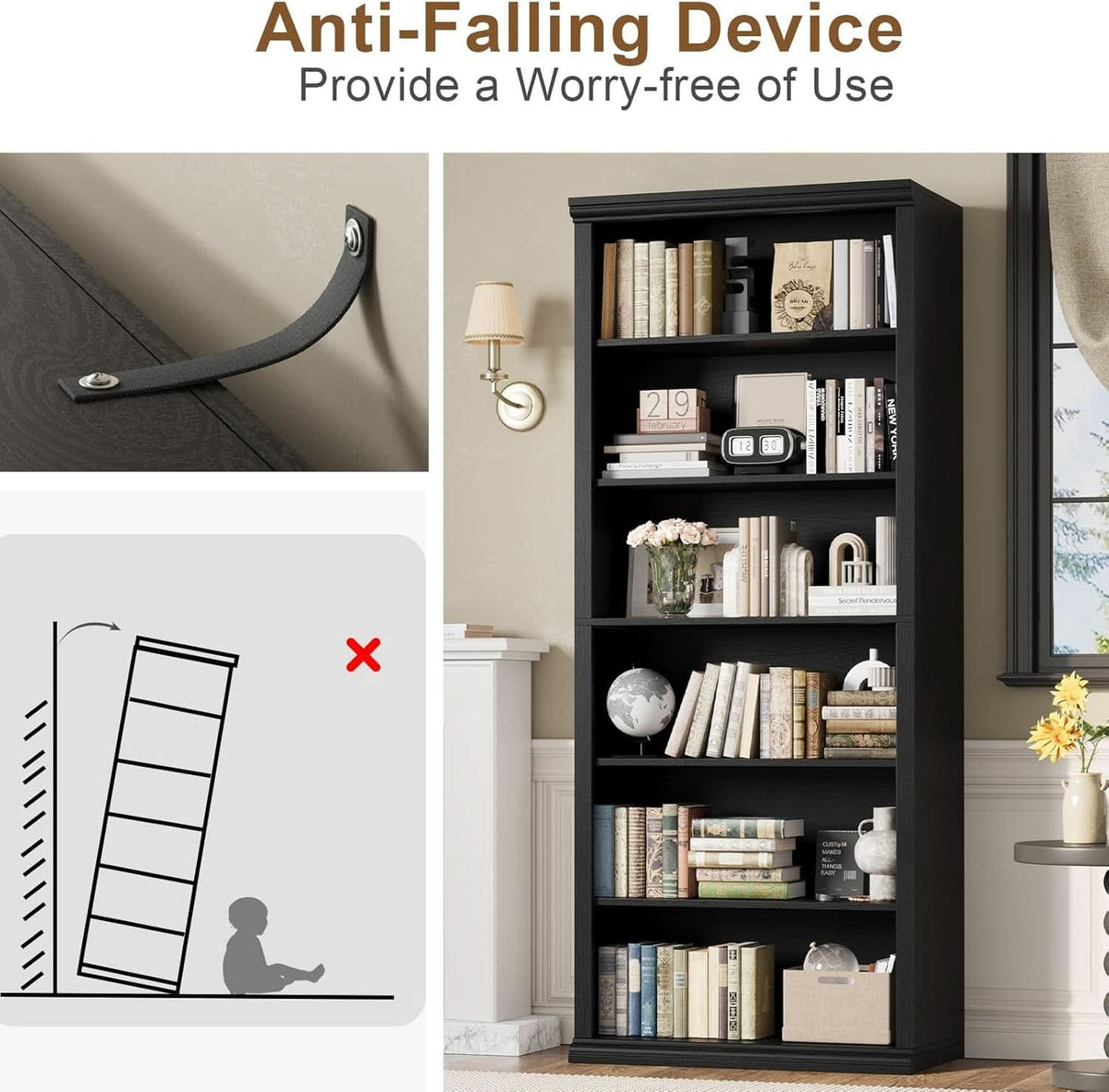 28 Inch Wide Tall Bookcase With Six Tiers For Home Office Storage For Living Room Organization