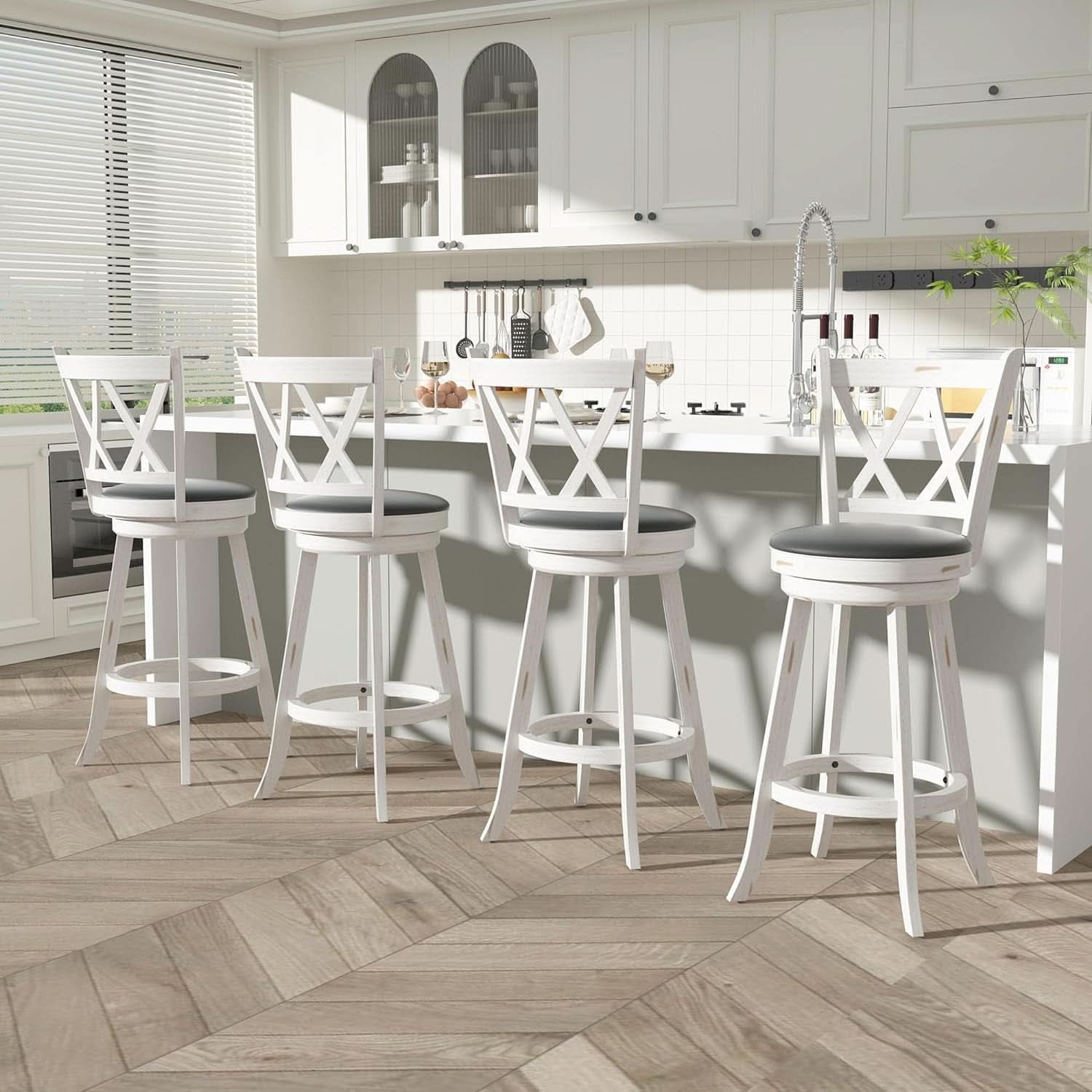 29 Inch Bar Height Swivel Stool Antique White Set Of 2 With Upholstered Seat And Comfortable Padding