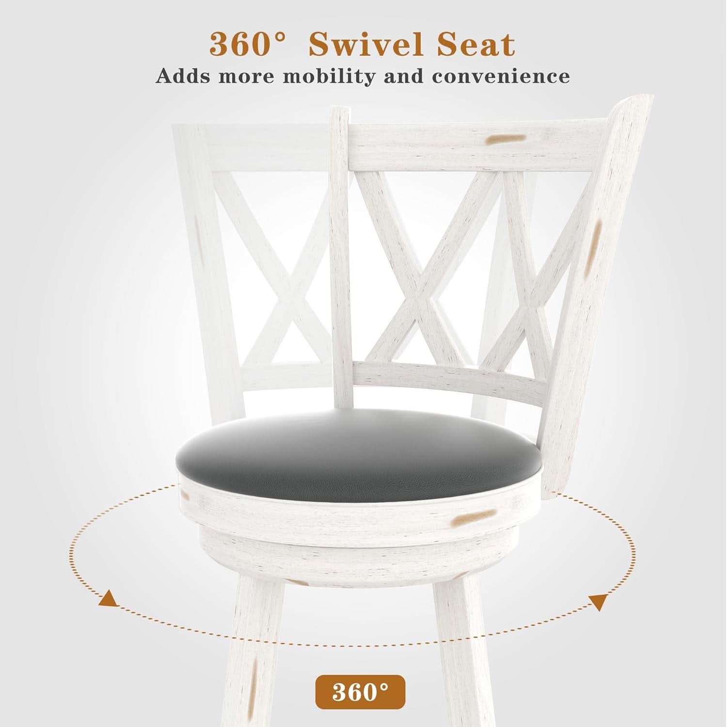 29 Inch Bar Height Swivel Stool Antique White Set Of 2 With Upholstered Seat And Comfortable Padding