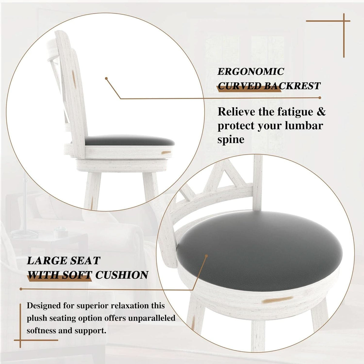 29 Inch Bar Height Swivel Stool Antique White Set Of 2 With Upholstered Seat And Comfortable Padding