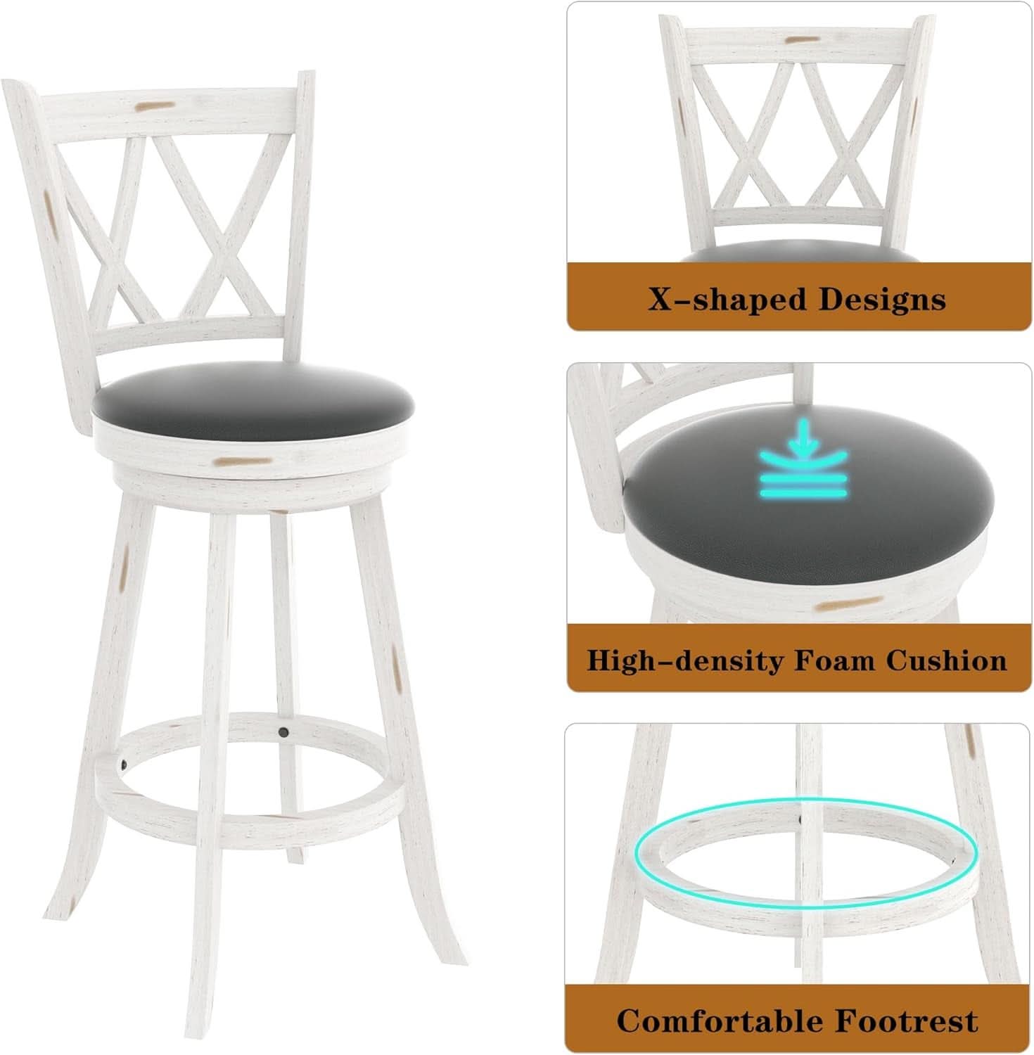 29 Inch Bar Height Swivel Stool Antique White Set Of 2 With Upholstered Seat And Comfortable Padding