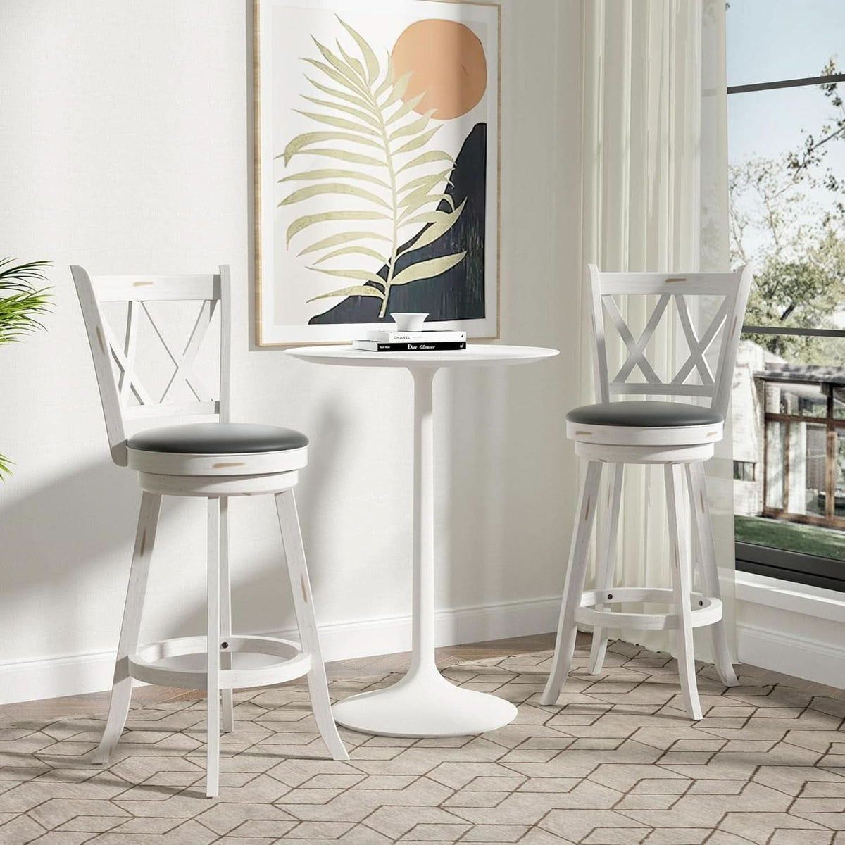 29 Inch Bar Height Swivel Stool Antique White Set Of 2 With Upholstered Seat And Comfortable Padding