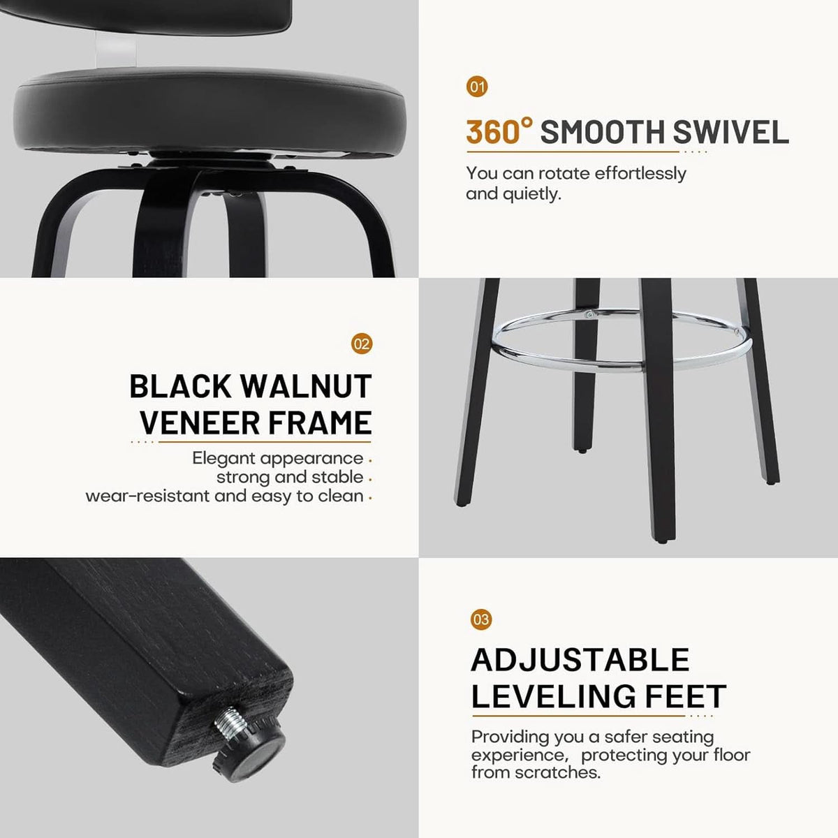 29 Inch Counter Height Black Faux Leather Swivel Bar Stools With Back Set Of 3