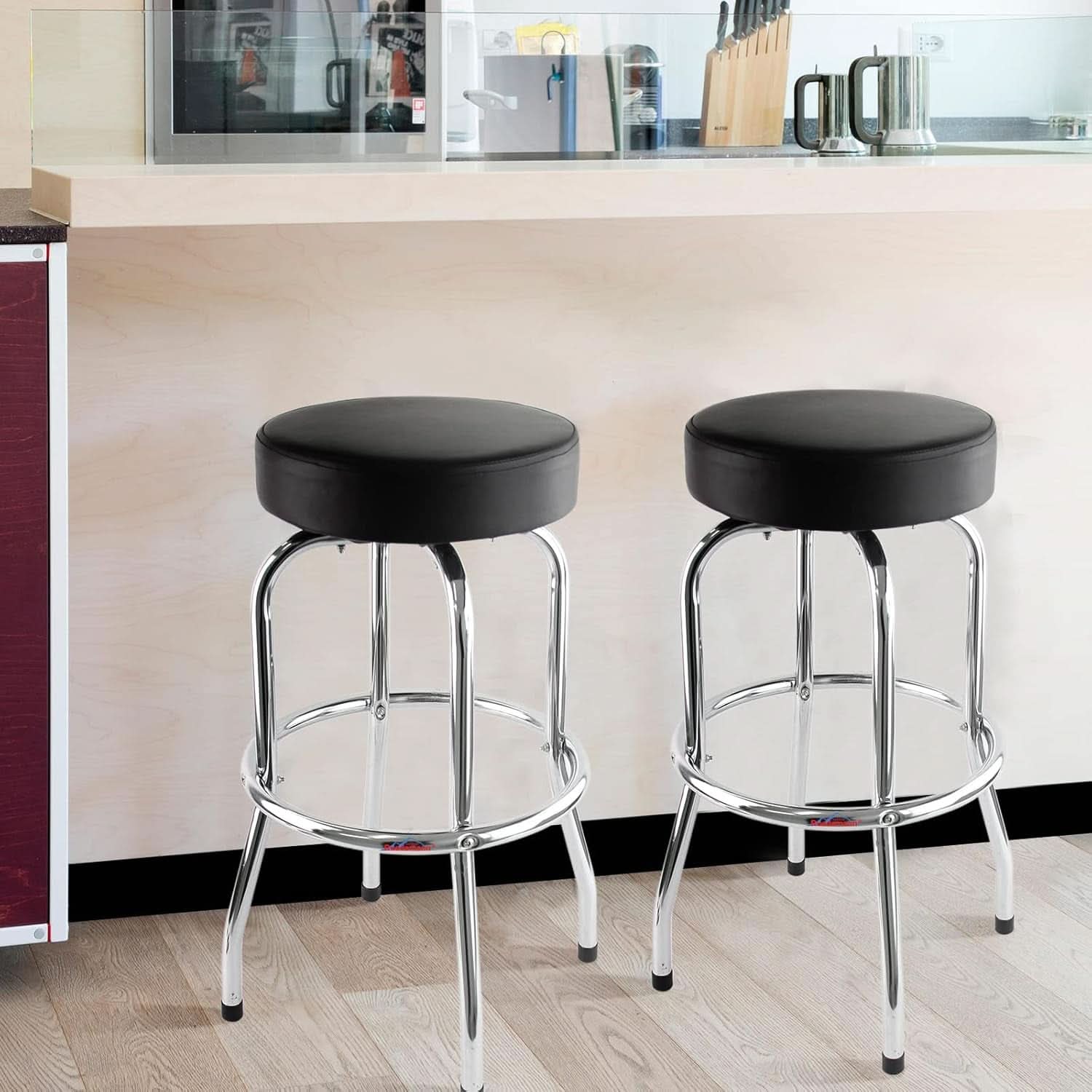 29 Inch Iron Backless Swivel Bar Stool With Padded Black Leatherette Seat And Chrome Frame