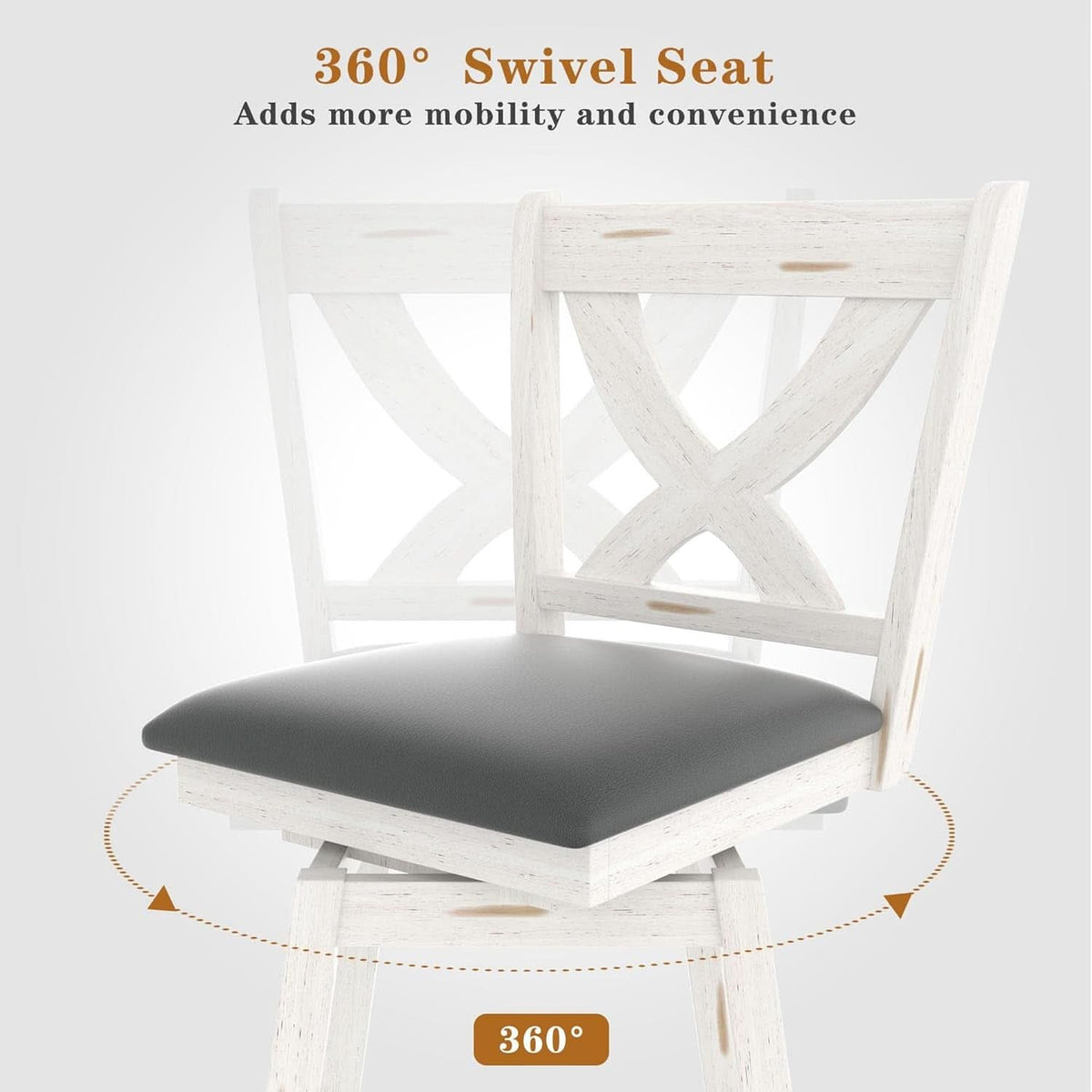 29 Inch Swivel Bar Stool With Grey Faux Leather Upholstery Antique White Wood Frame And Solid Wood Footrest Set Of 2