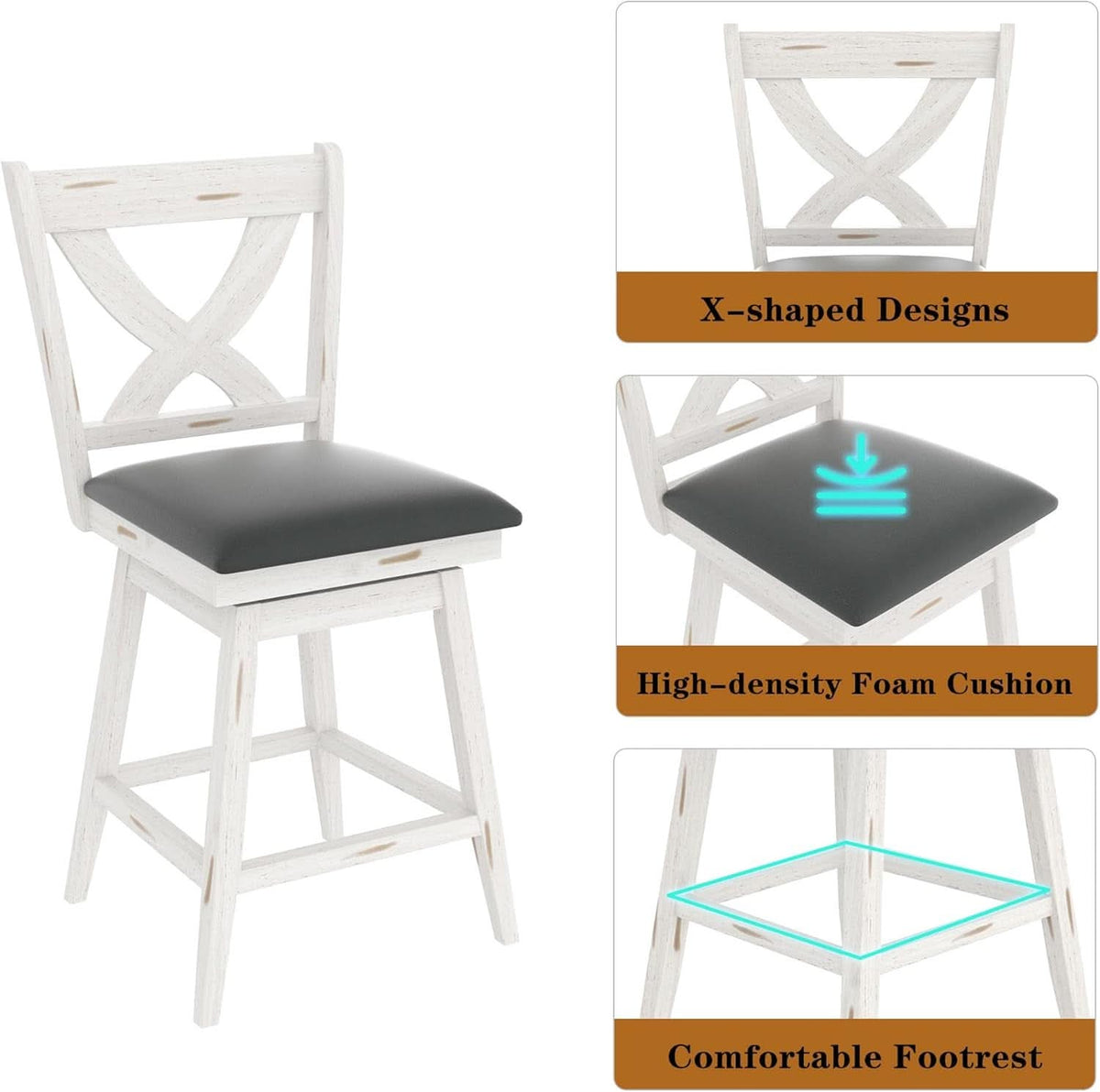 29 Inch Swivel Bar Stool With Grey Faux Leather Upholstery Antique White Wood Frame And Solid Wood Footrest Set Of 2