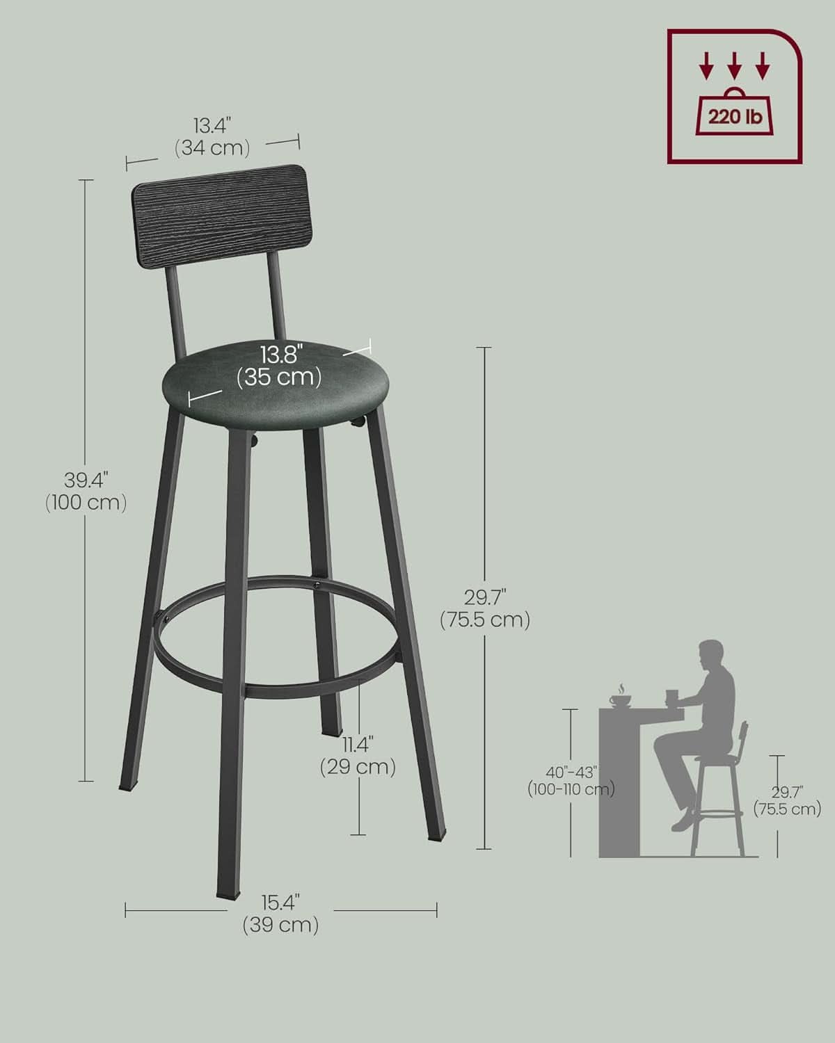29.7 Inch PU Bar Stools Set Of 2 With Backrest And Footrest
