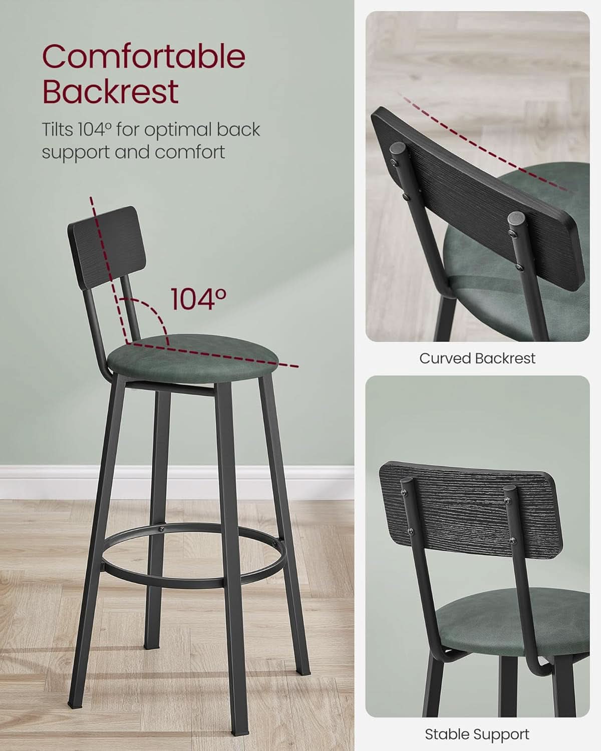 29.7 Inch PU Bar Stools Set Of 2 With Backrest And Footrest