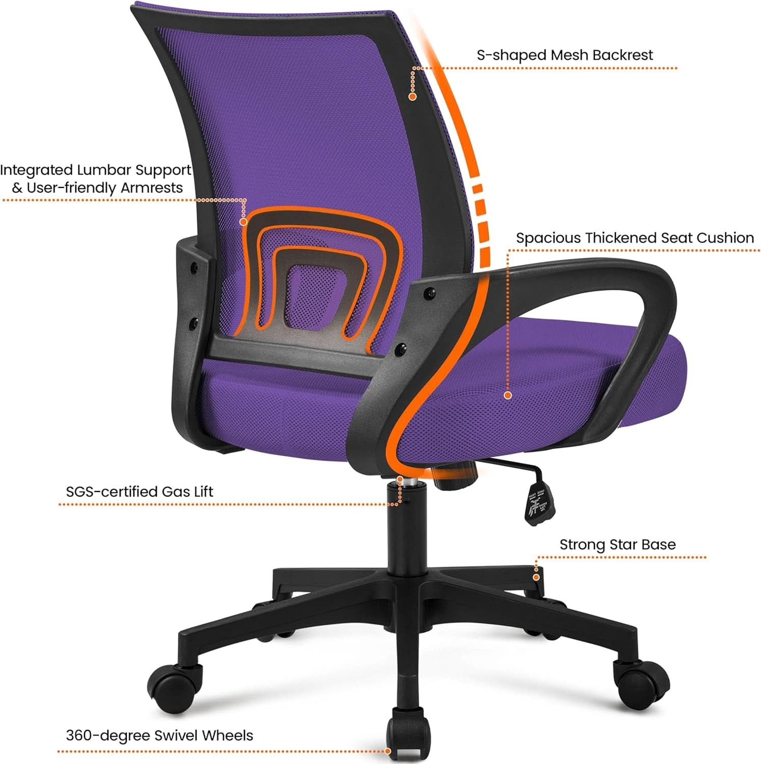 2Pcs Ergonomic Purple Mesh Desk Chairs With Lumbar Support For Long Workdays And Back Pain Relief