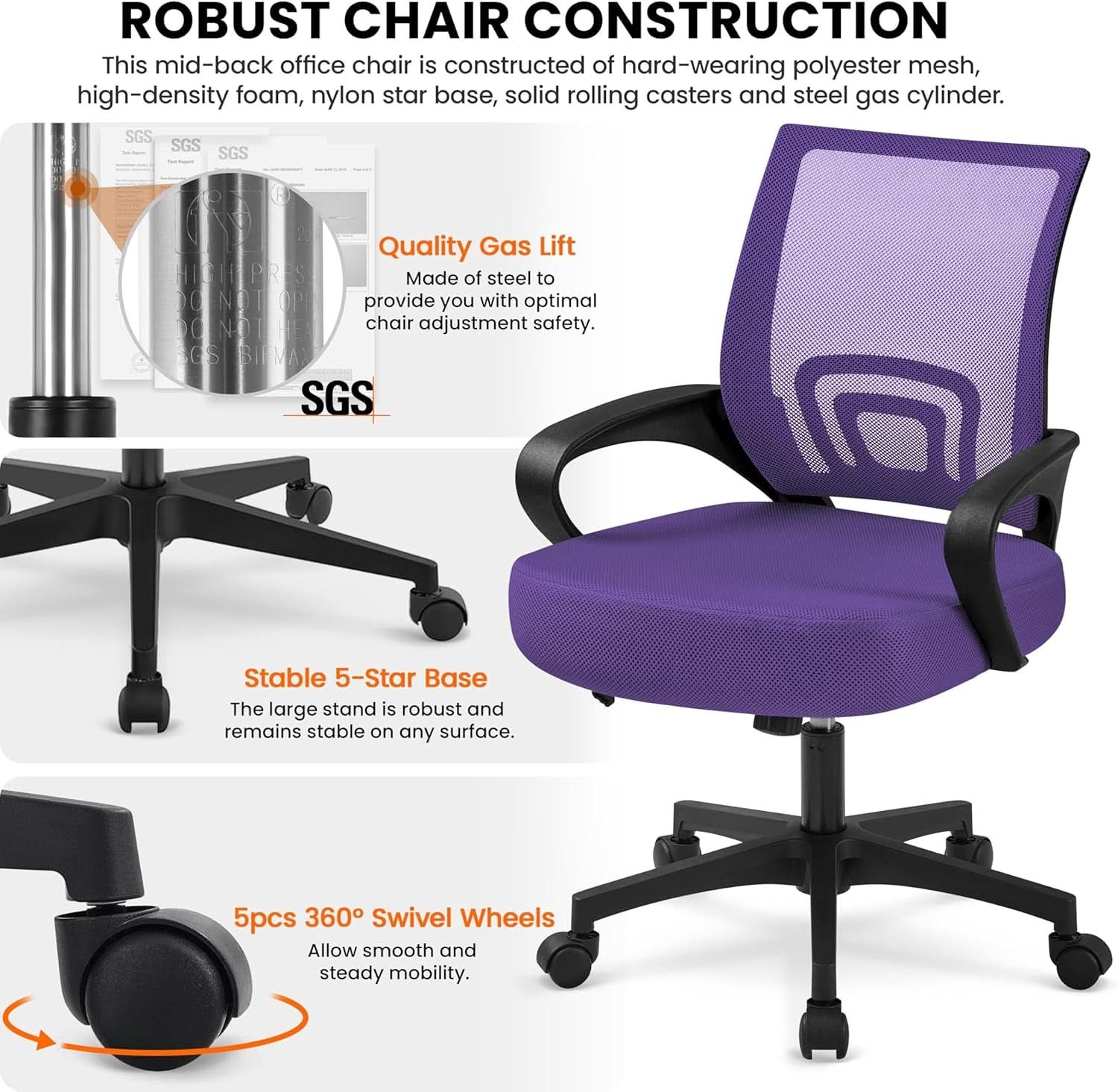 2Pcs Ergonomic Purple Mesh Desk Chairs With Lumbar Support For Long Workdays And Back Pain Relief