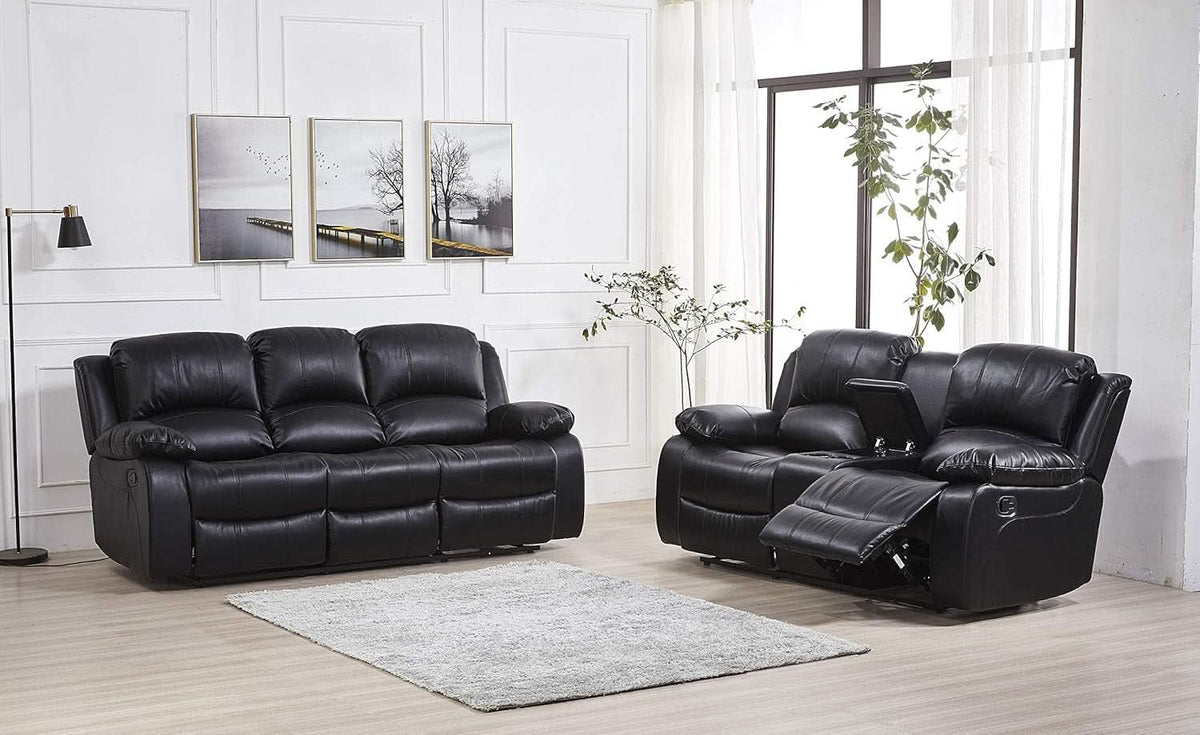 2Piece Bonded Leather Recliner Sofa And Loveseat Set Black 8018 With Pocket Coil Cushions