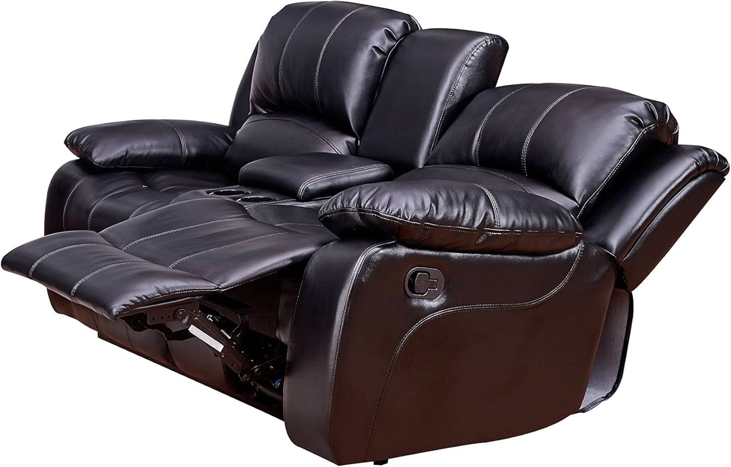 2Piece Bonded Leather Recliner Sofa And Loveseat Set Black 8018 With Pocket Coil Cushions