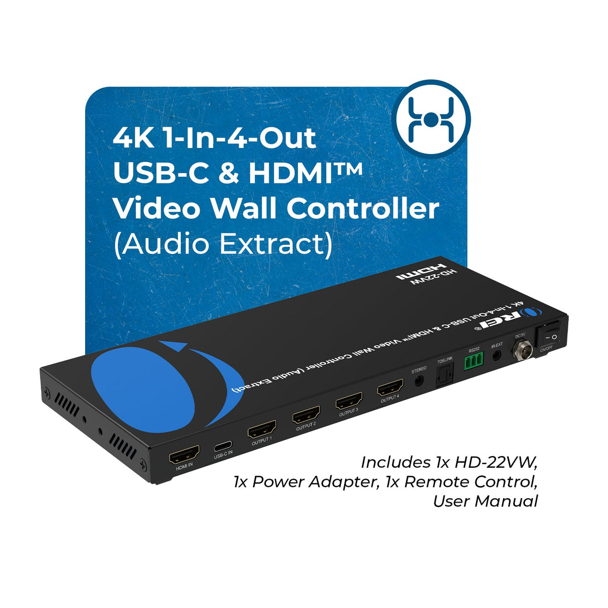 2x2 Full HD Video Wall Controller with Audio Extraction & RS-232 (HD-22VW)